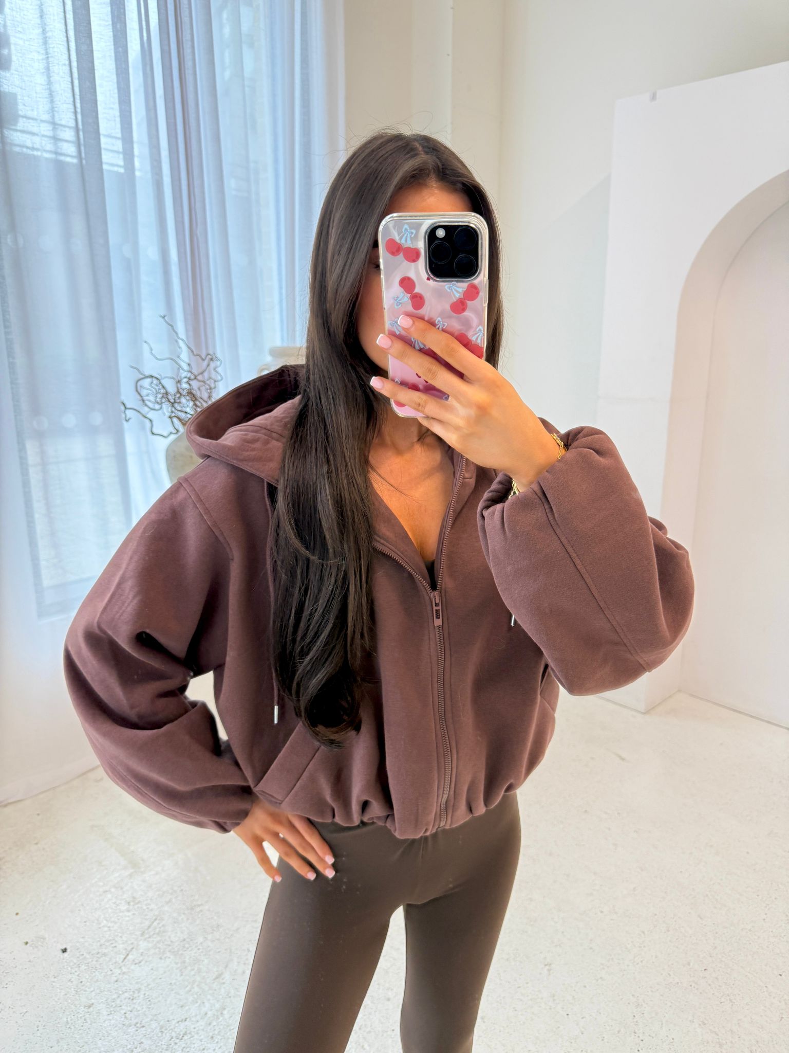 Bubble hem Zip Jumper - chocolate