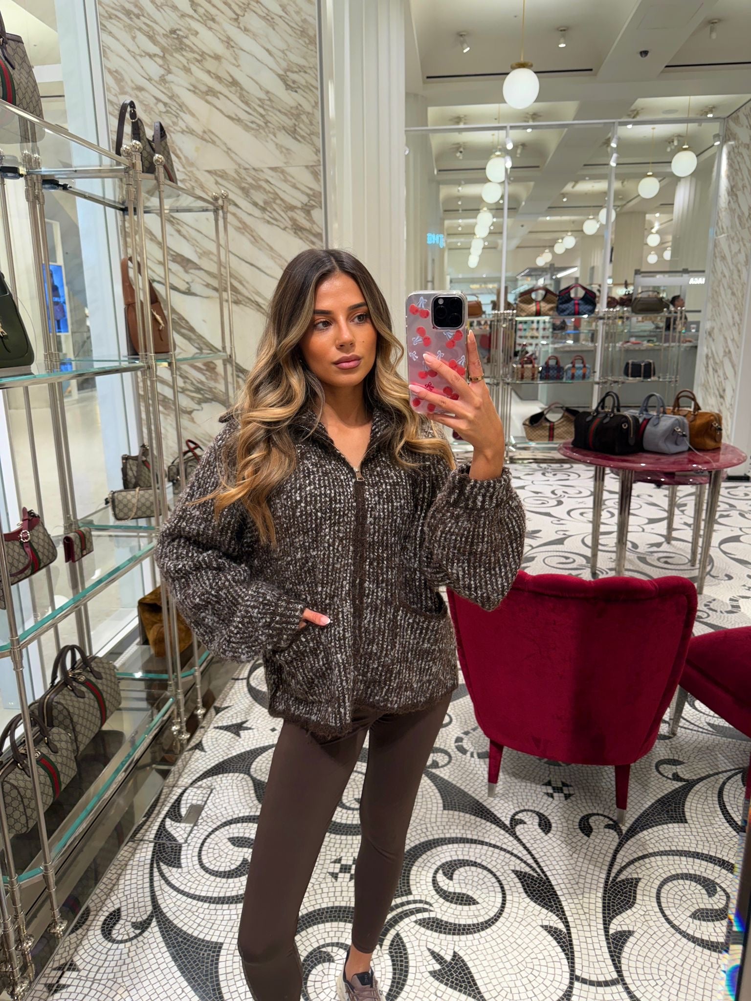 Chunky knit zip cardigan - brown