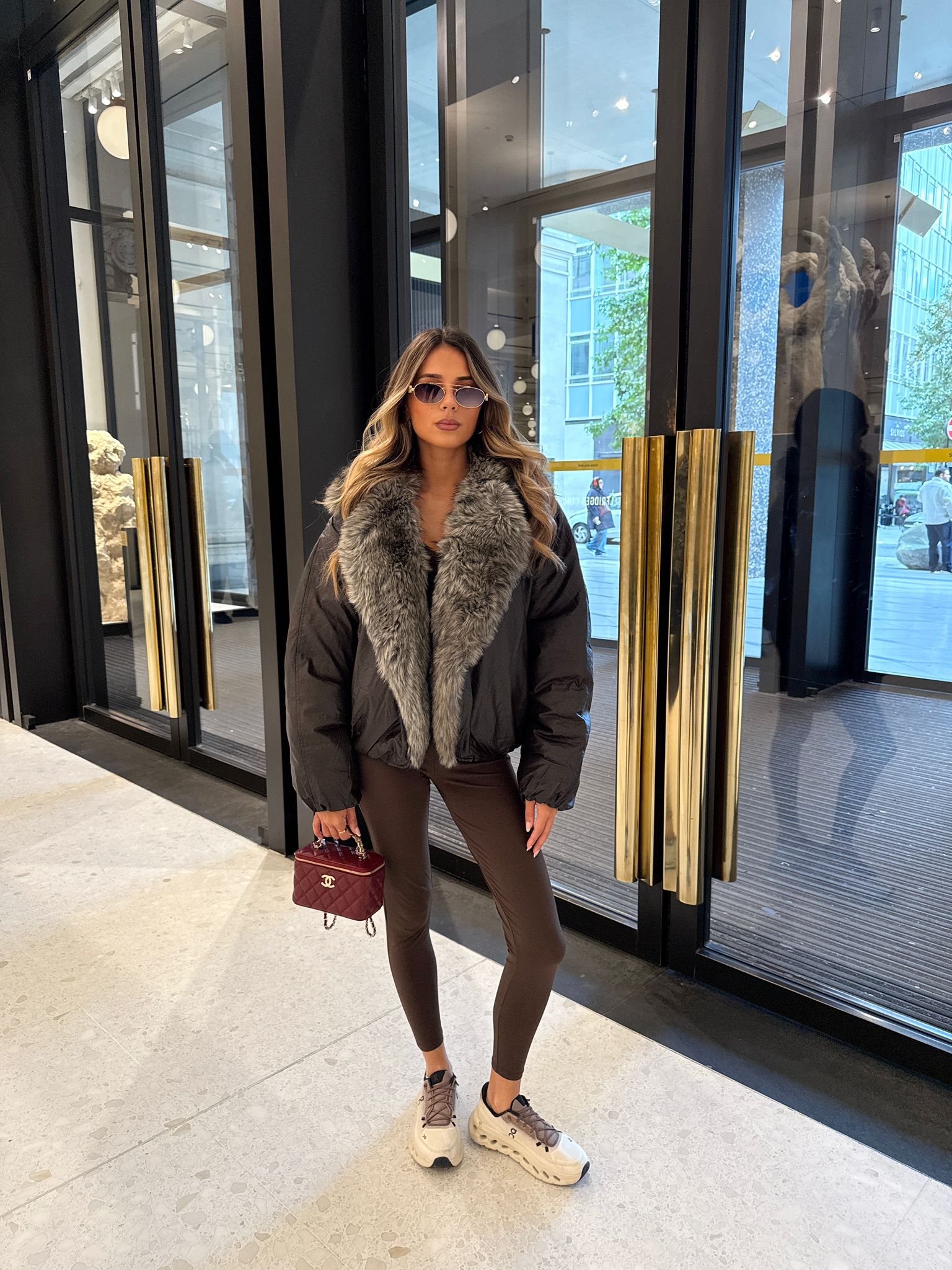Faux fur leather coat - brown