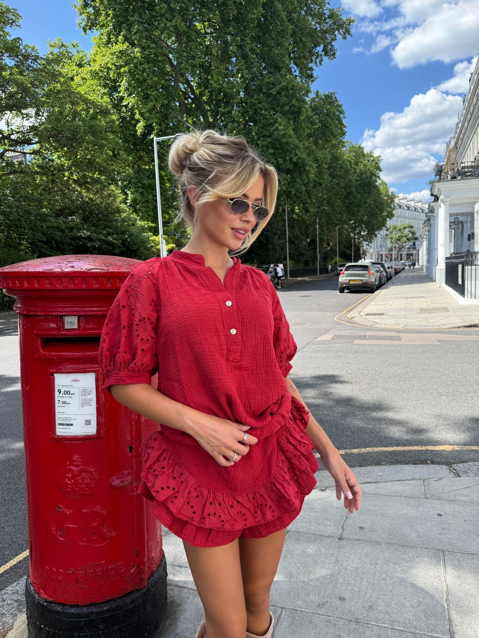 Cheesecloth co-ord anglaise sleeve - Red