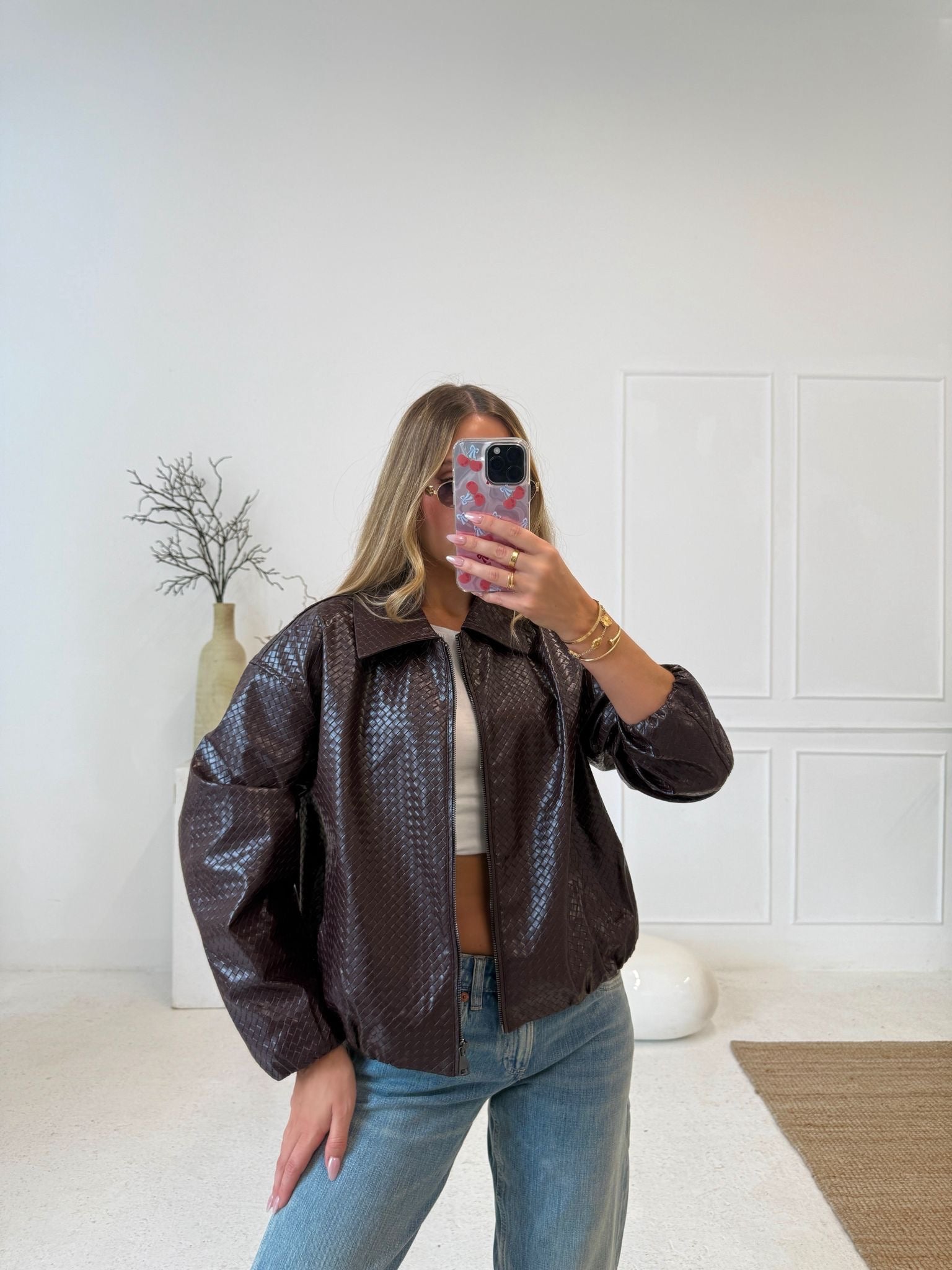 Faux leather texture collar jacket