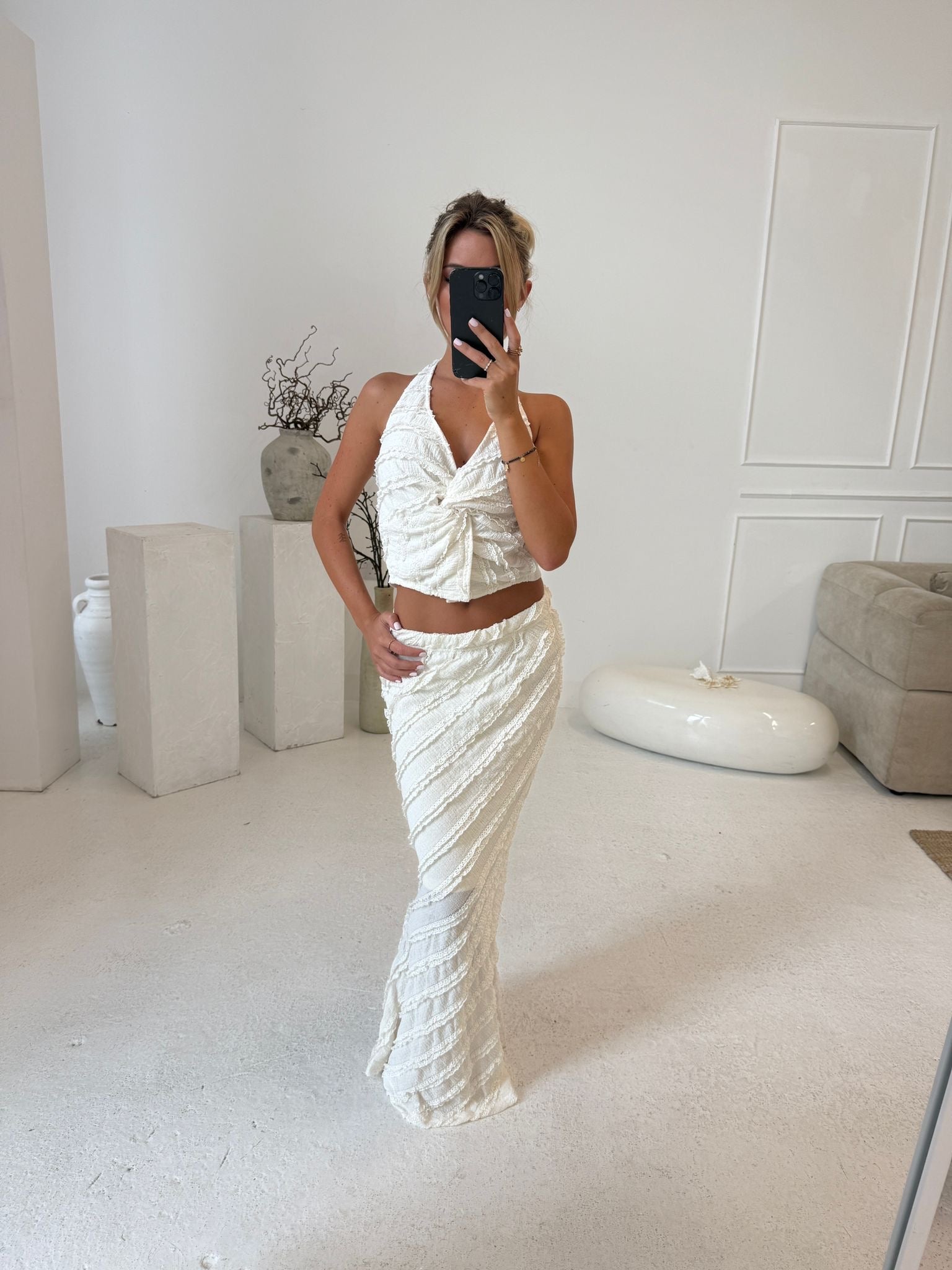 Halterneck crinkle skirt co-ord - cream