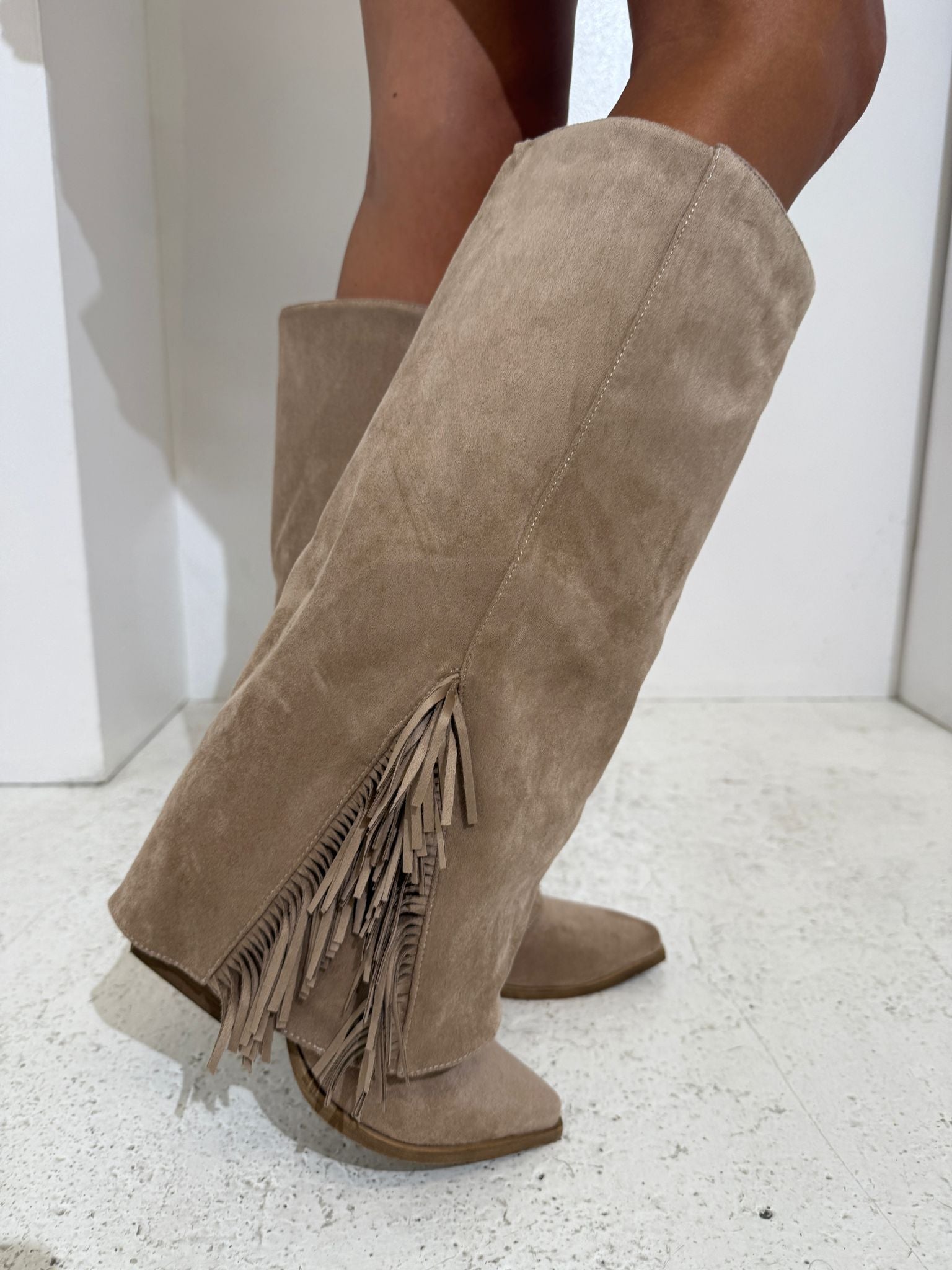 Fold over suede side tassel boots - beige