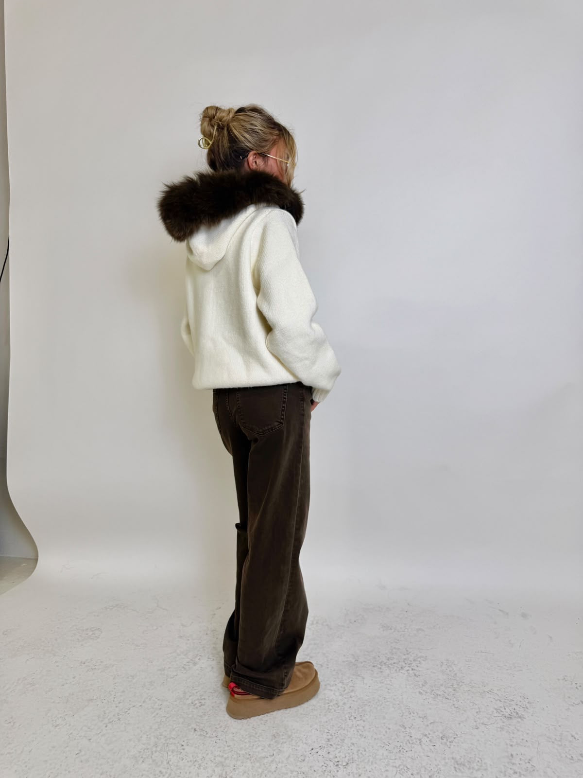 Luxury Fur Cardigan Jacket - cream with brown fur PRE ORDER