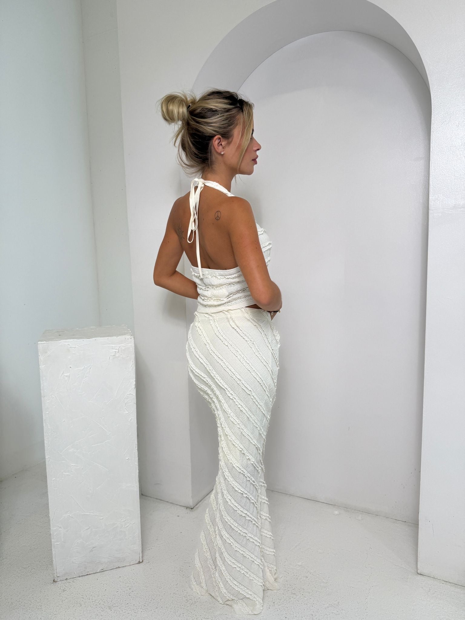 Halterneck crinkle skirt co-ord - cream