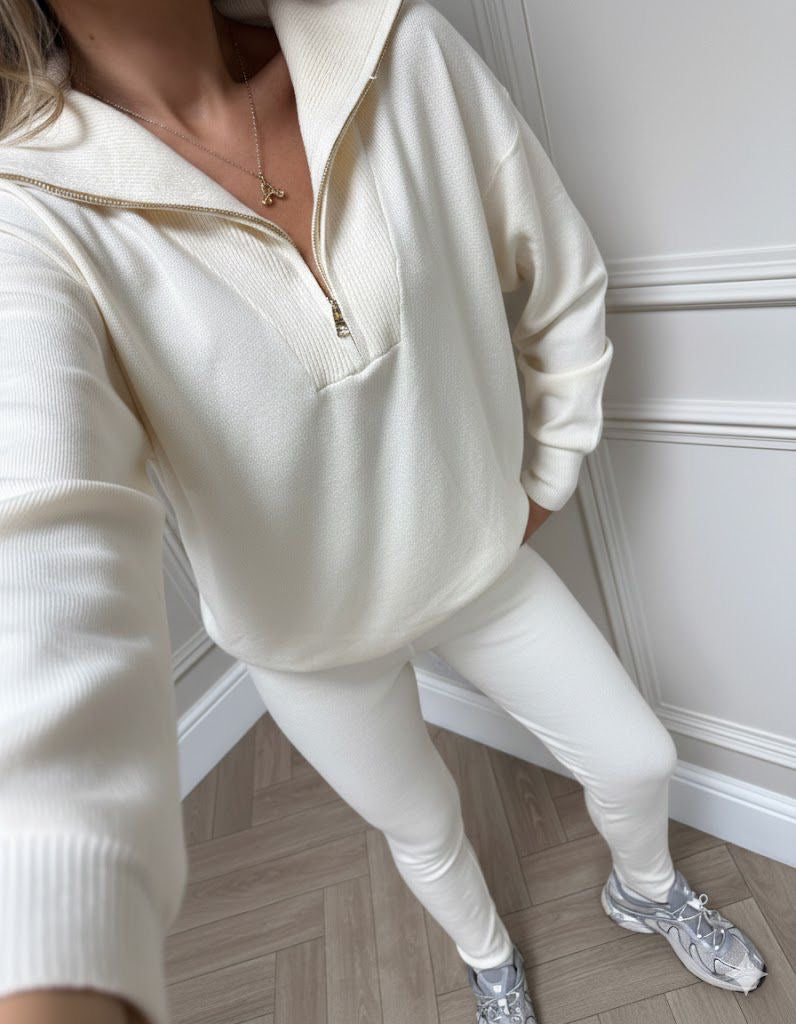 Quarter zip knit lounge set - cream