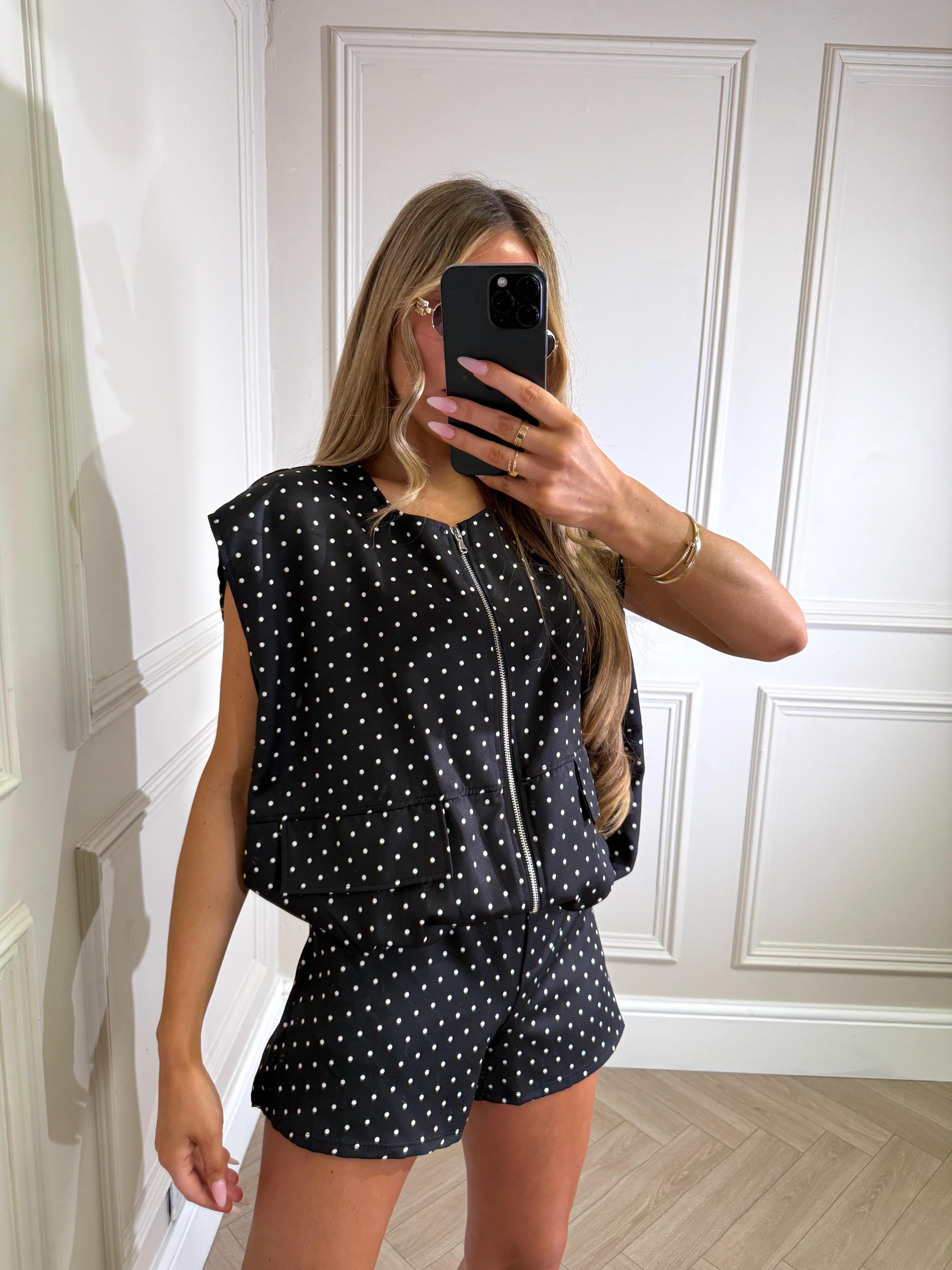 Bria short sleeve dot set - black
