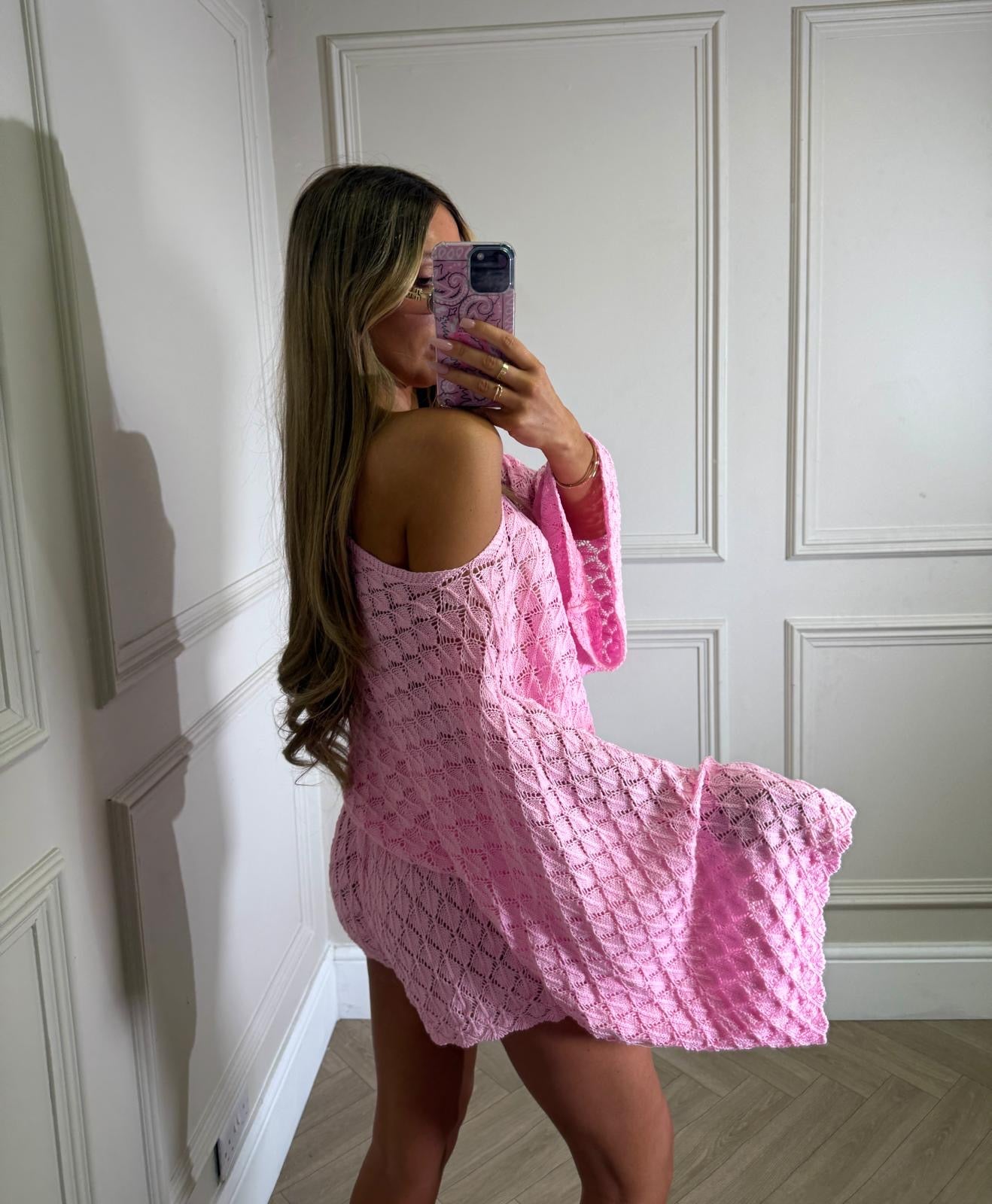 Off shoulder crochet co-ord - pink