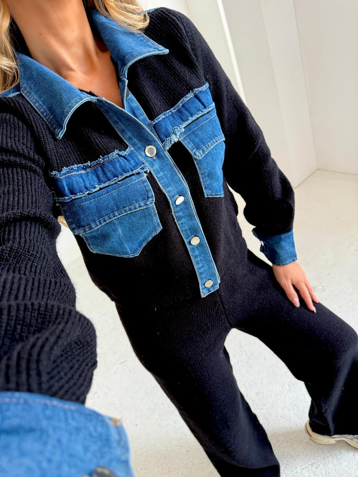 Collar Knit Denim Lounge Set - Black