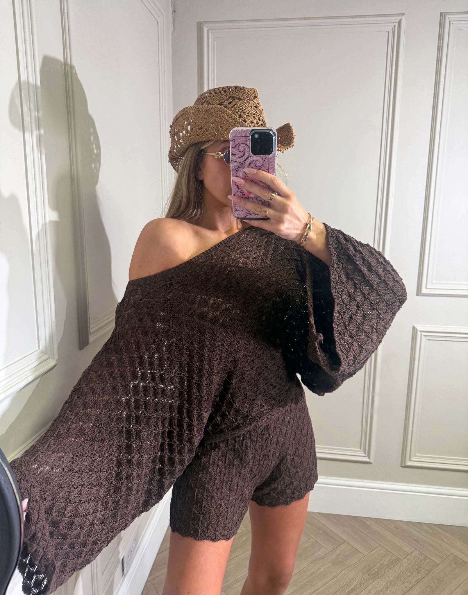 Off shoulder crochet co-ord - brown