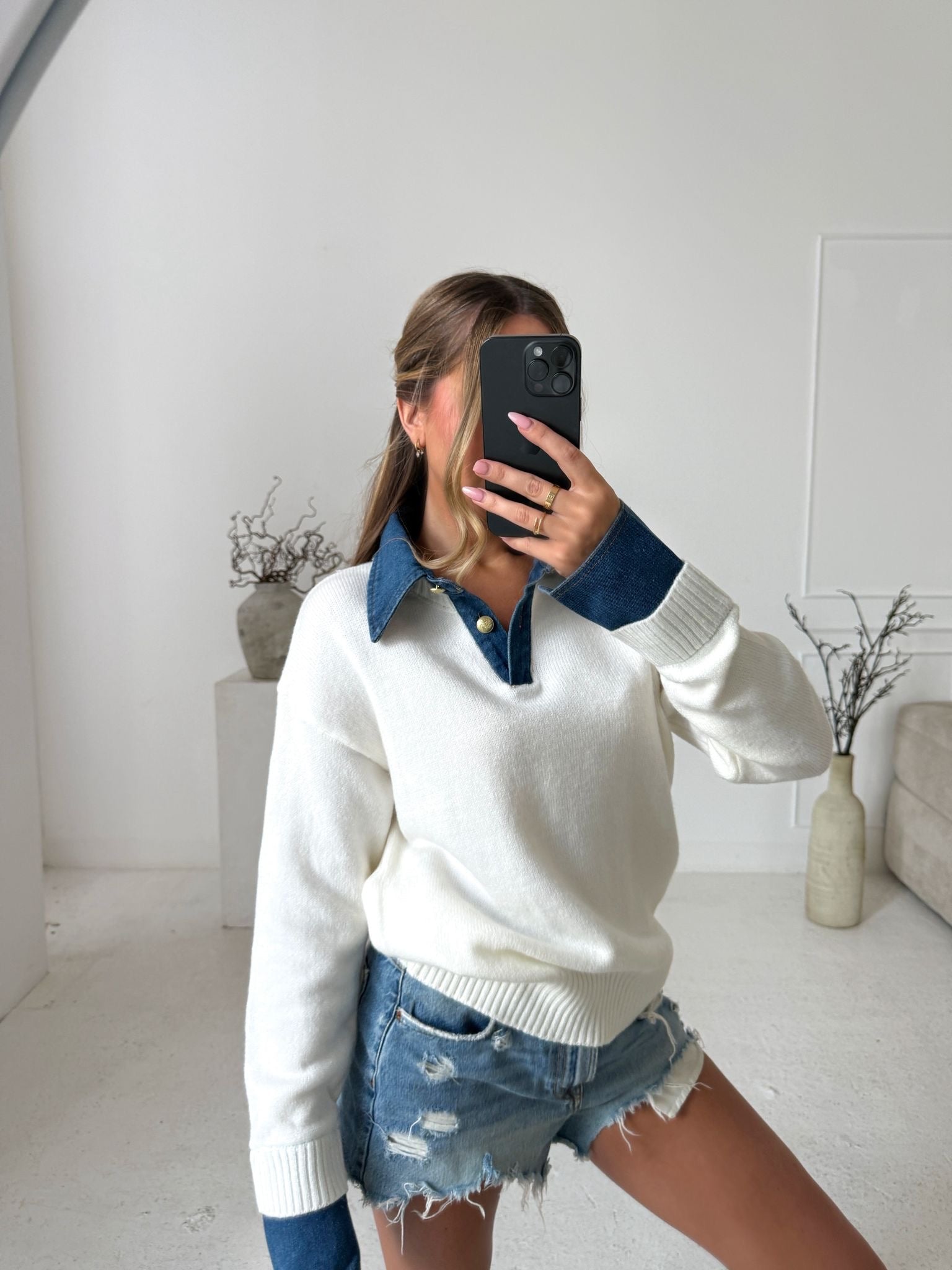 Denim Collar Knit Top - Cream