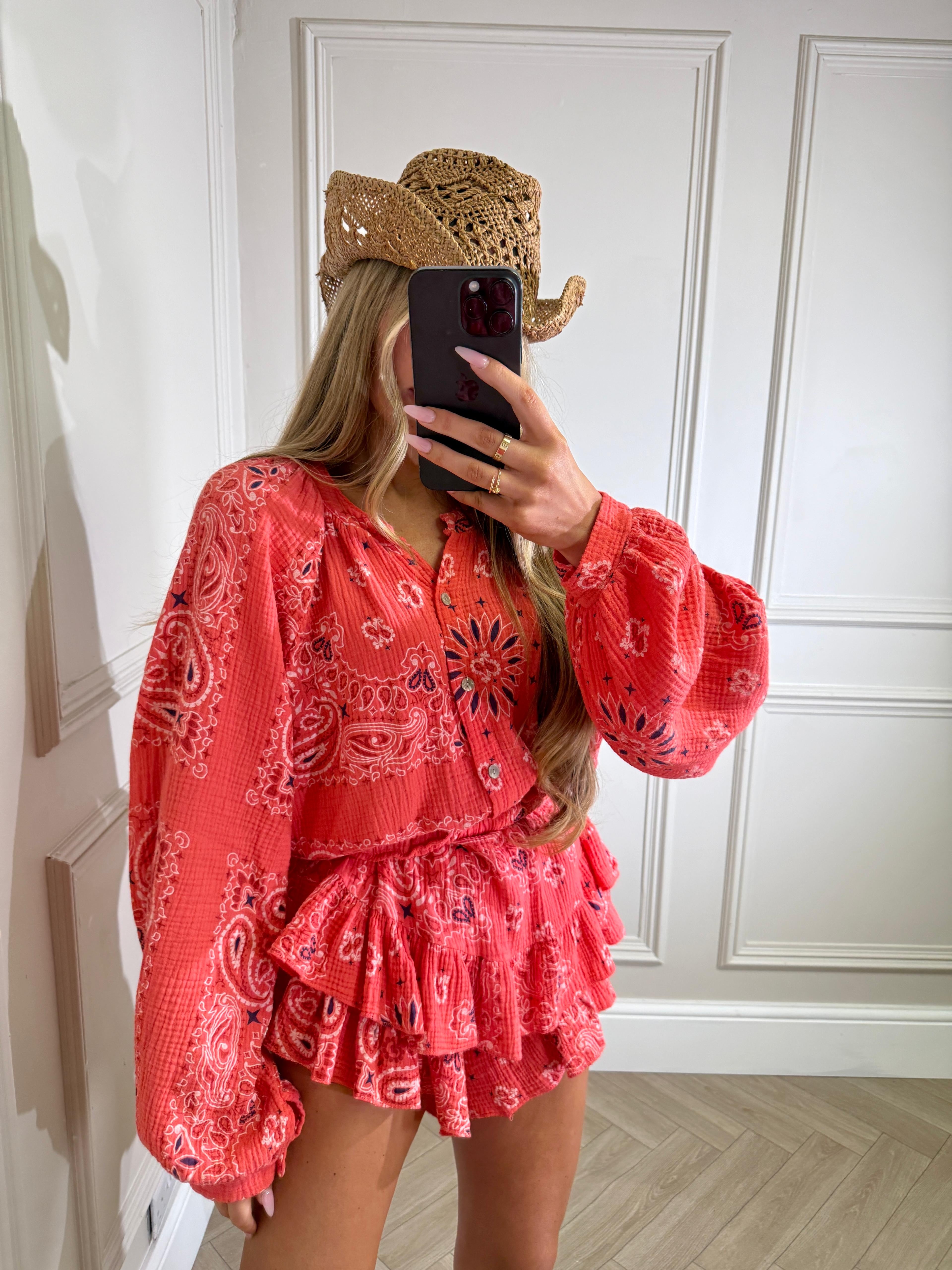 Grandad collar cheesecloth co-ord - Bandana red