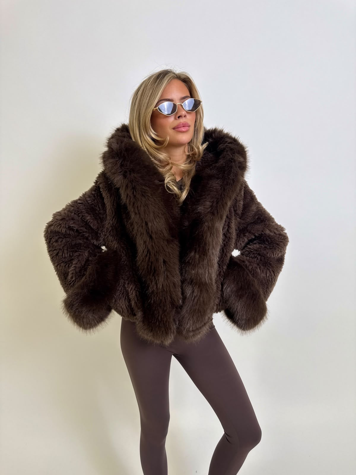 Faux Fur Coat With Hood - brown