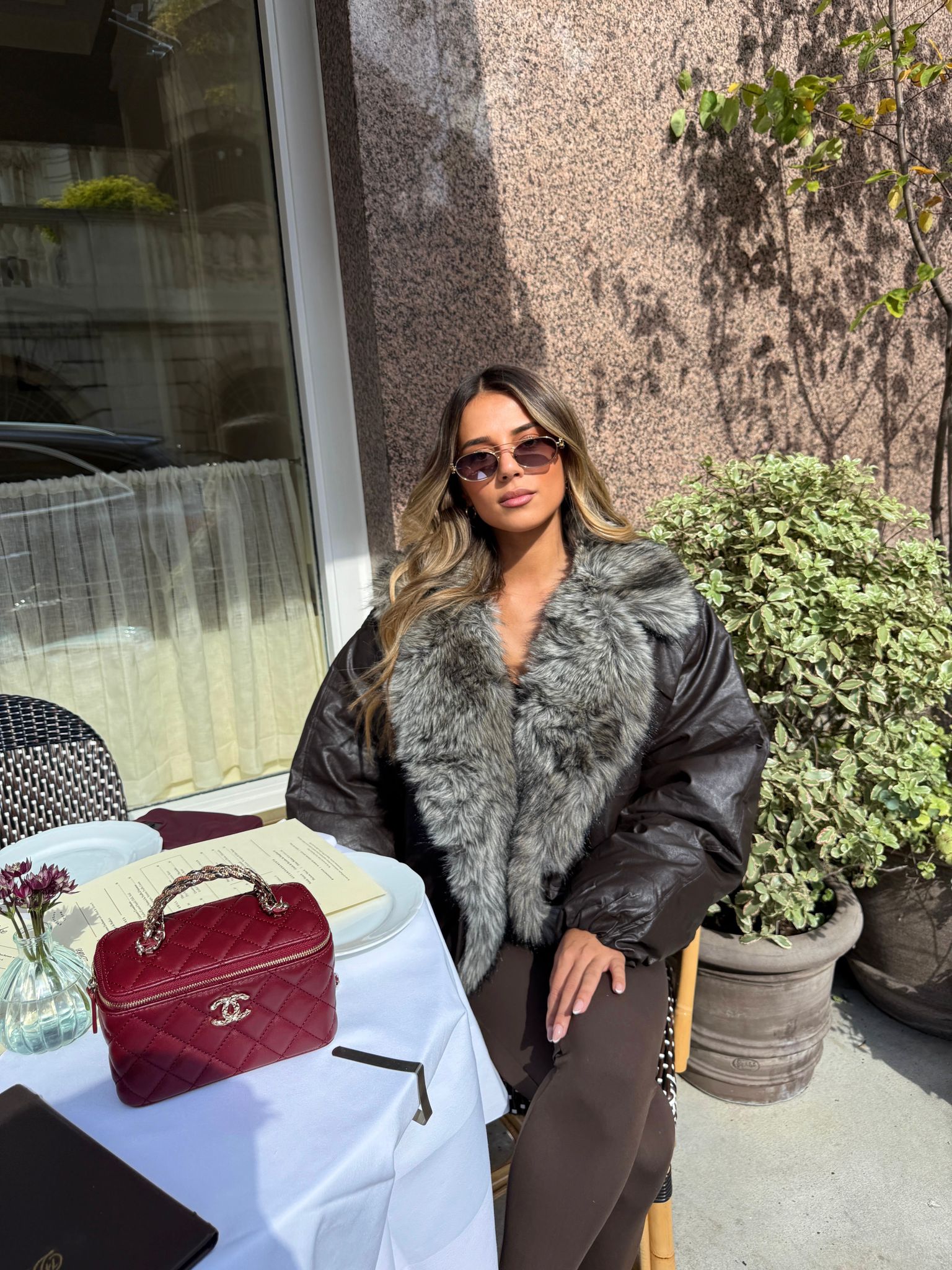 Faux fur leather coat - brown