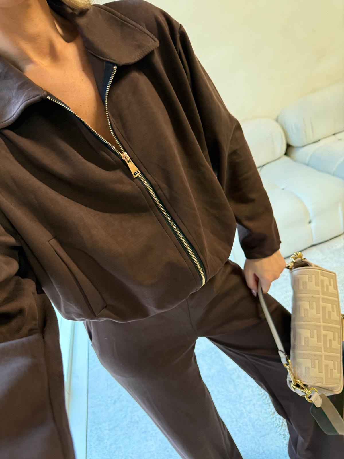 Collar zip lounge set - chocolate