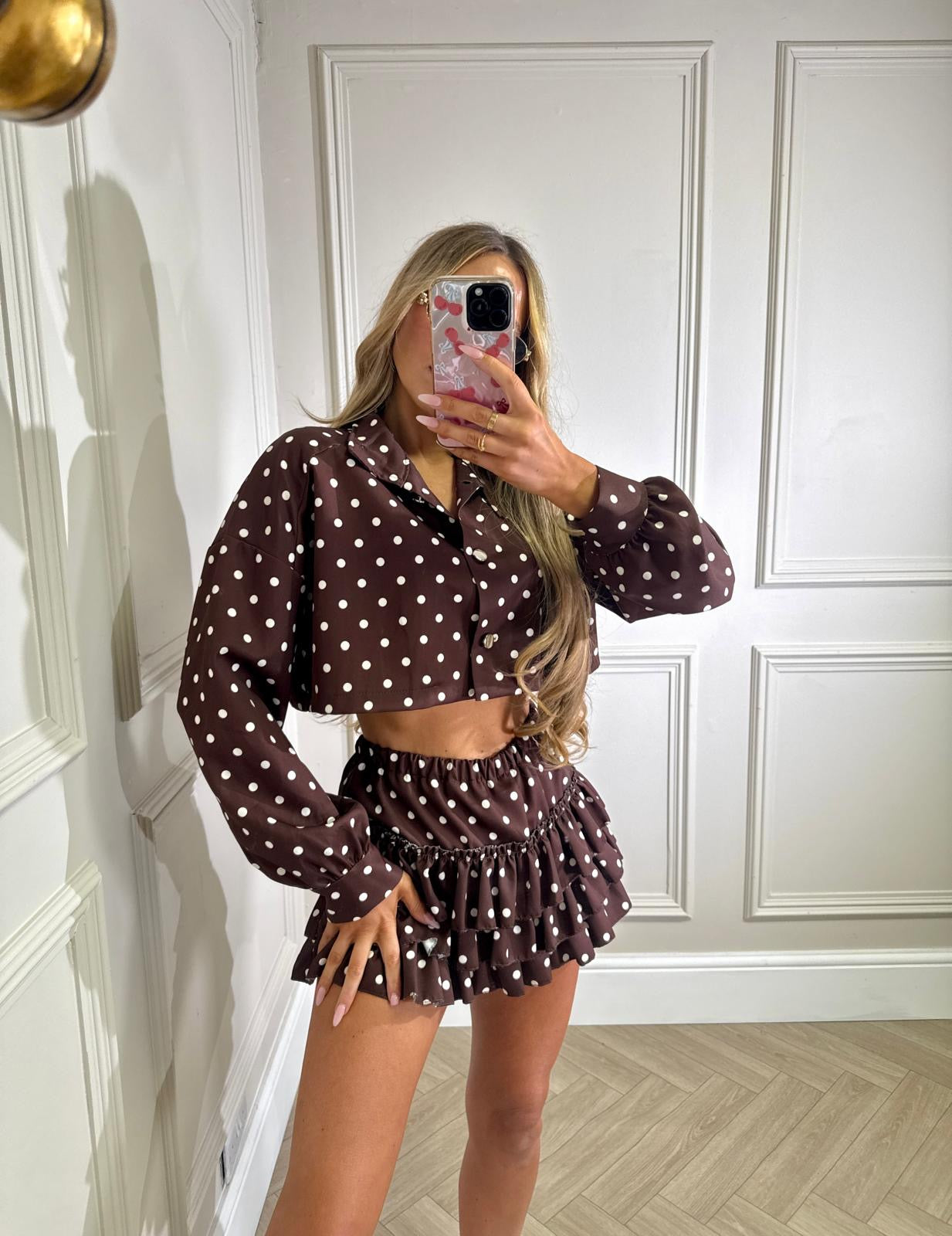 Ruffle polka dot set - brown