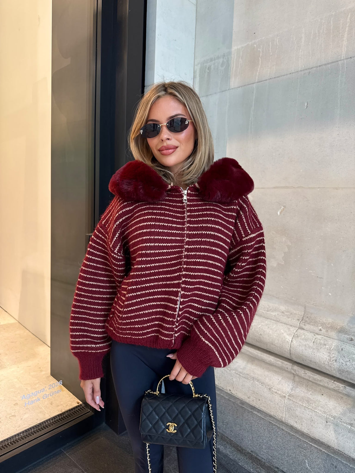 Stripe faux fur cardigan - red