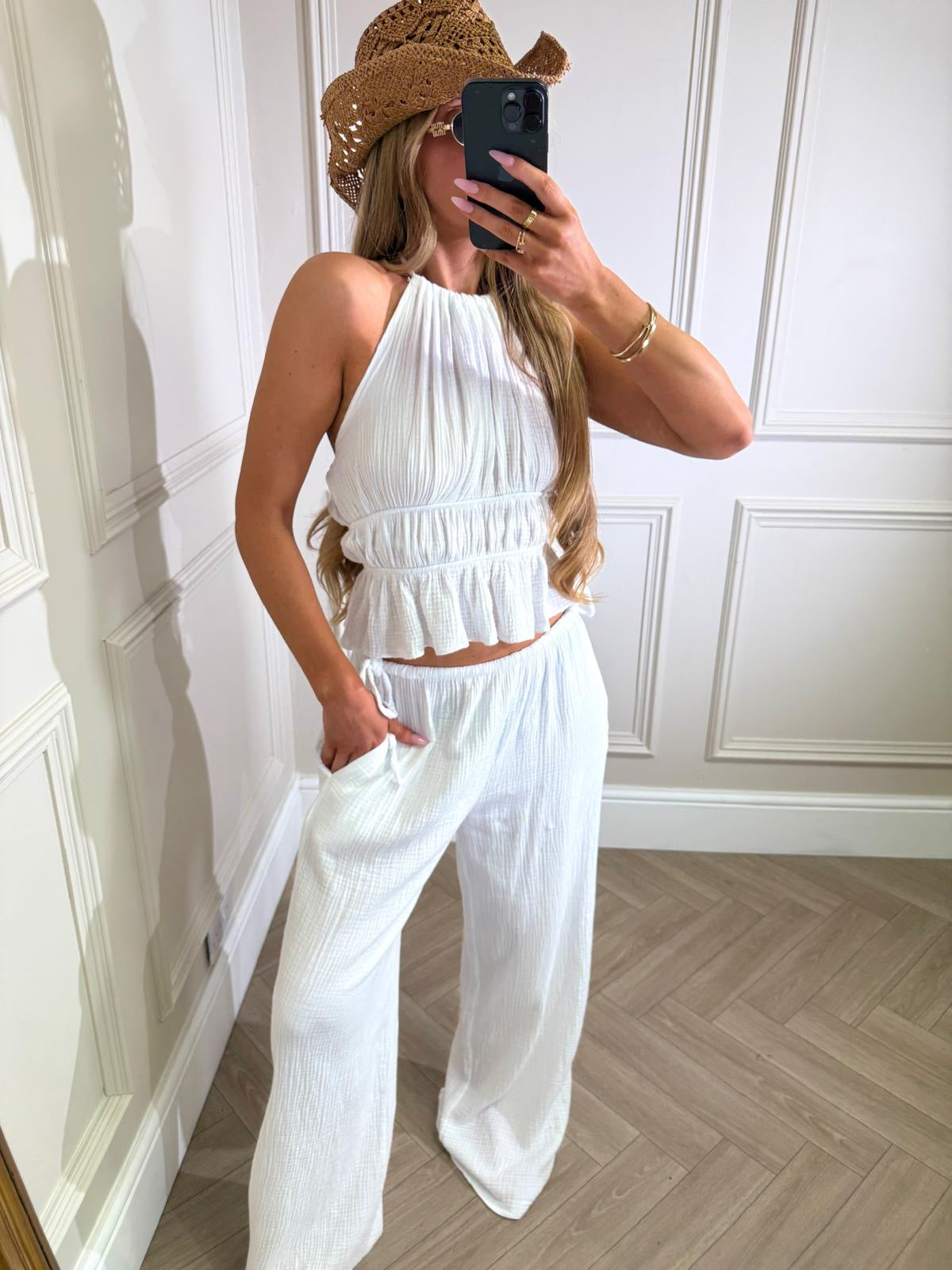 Olivia cheesecloth trouser set - white