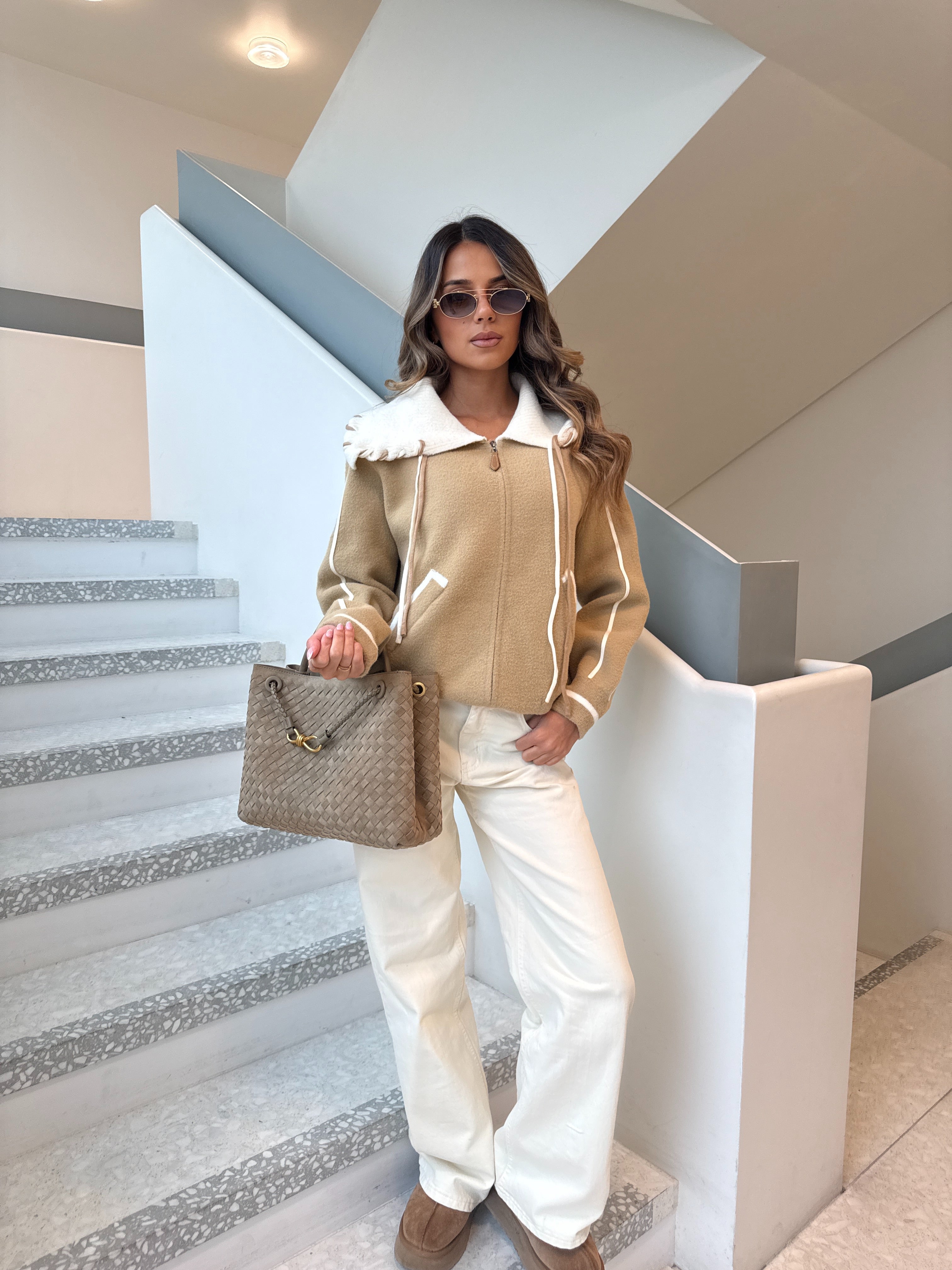 Knit hood jacket with camel