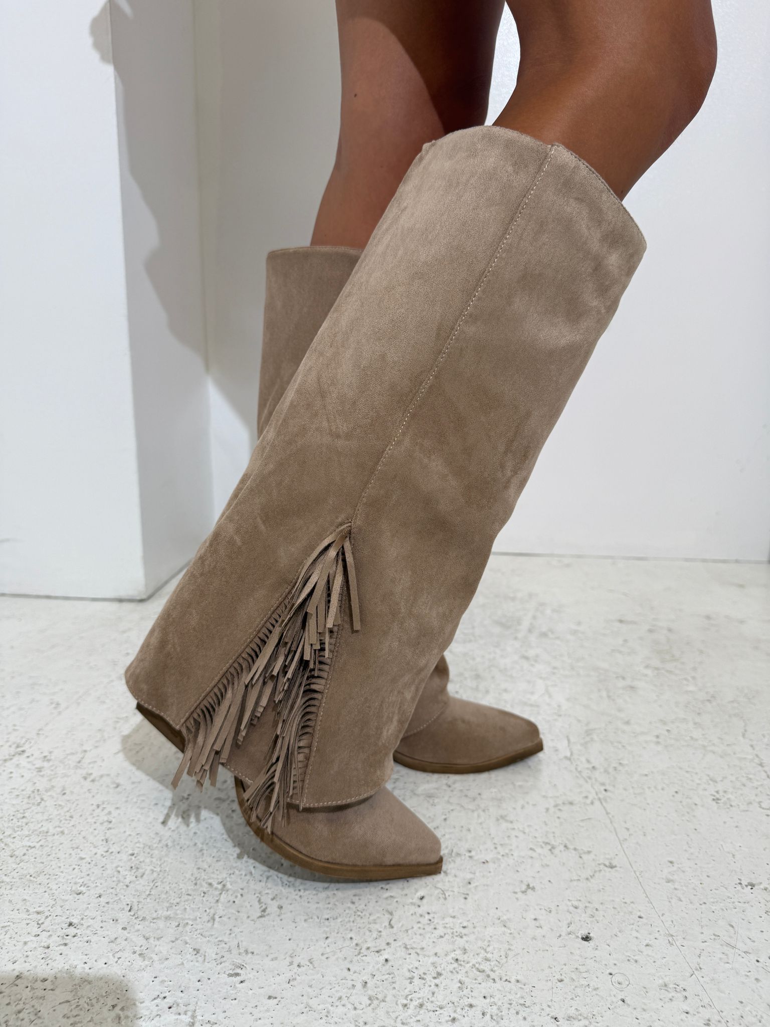 Fold over suede side tassel boots - beige