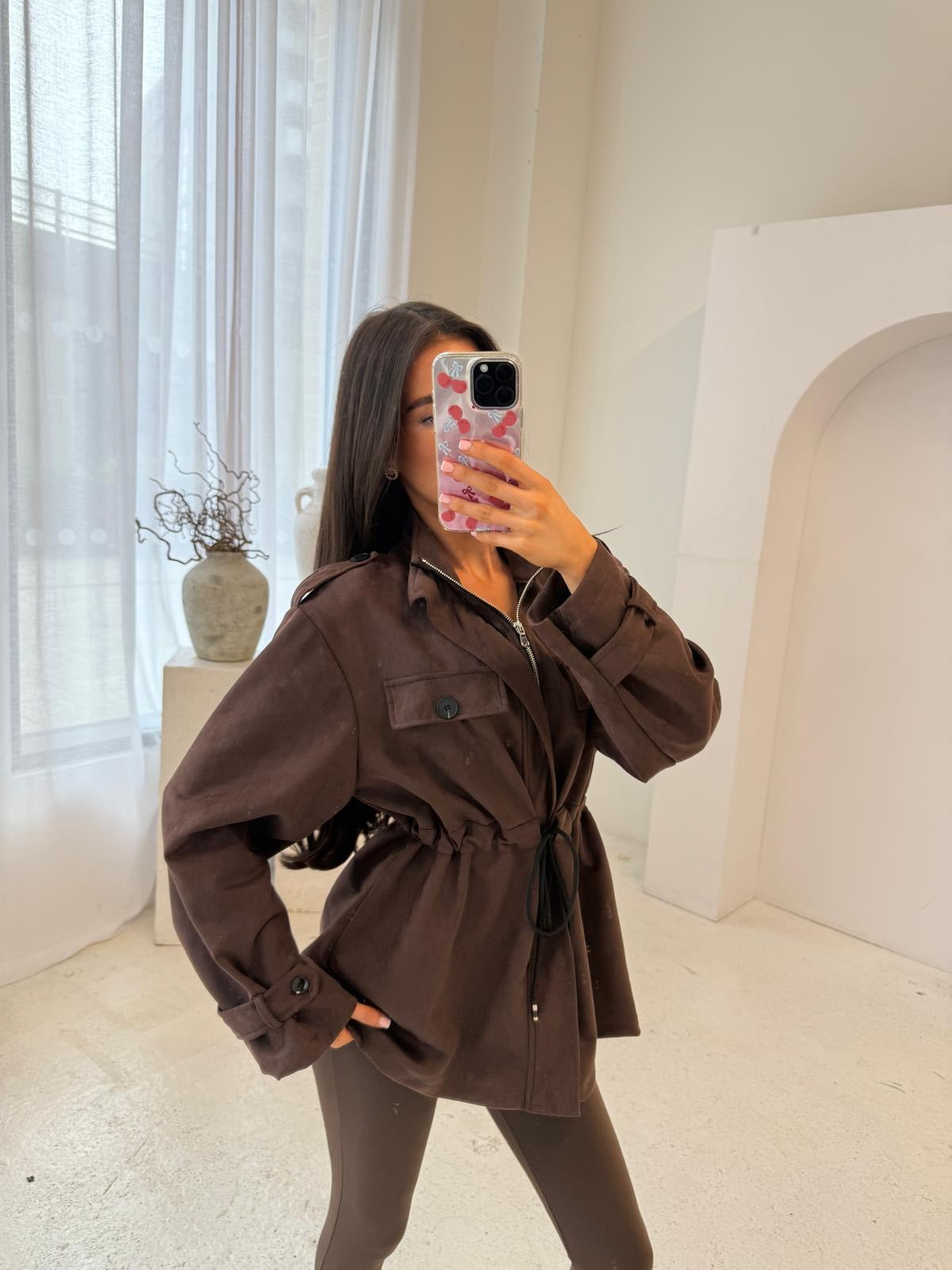 Suede pull in jacket - brown