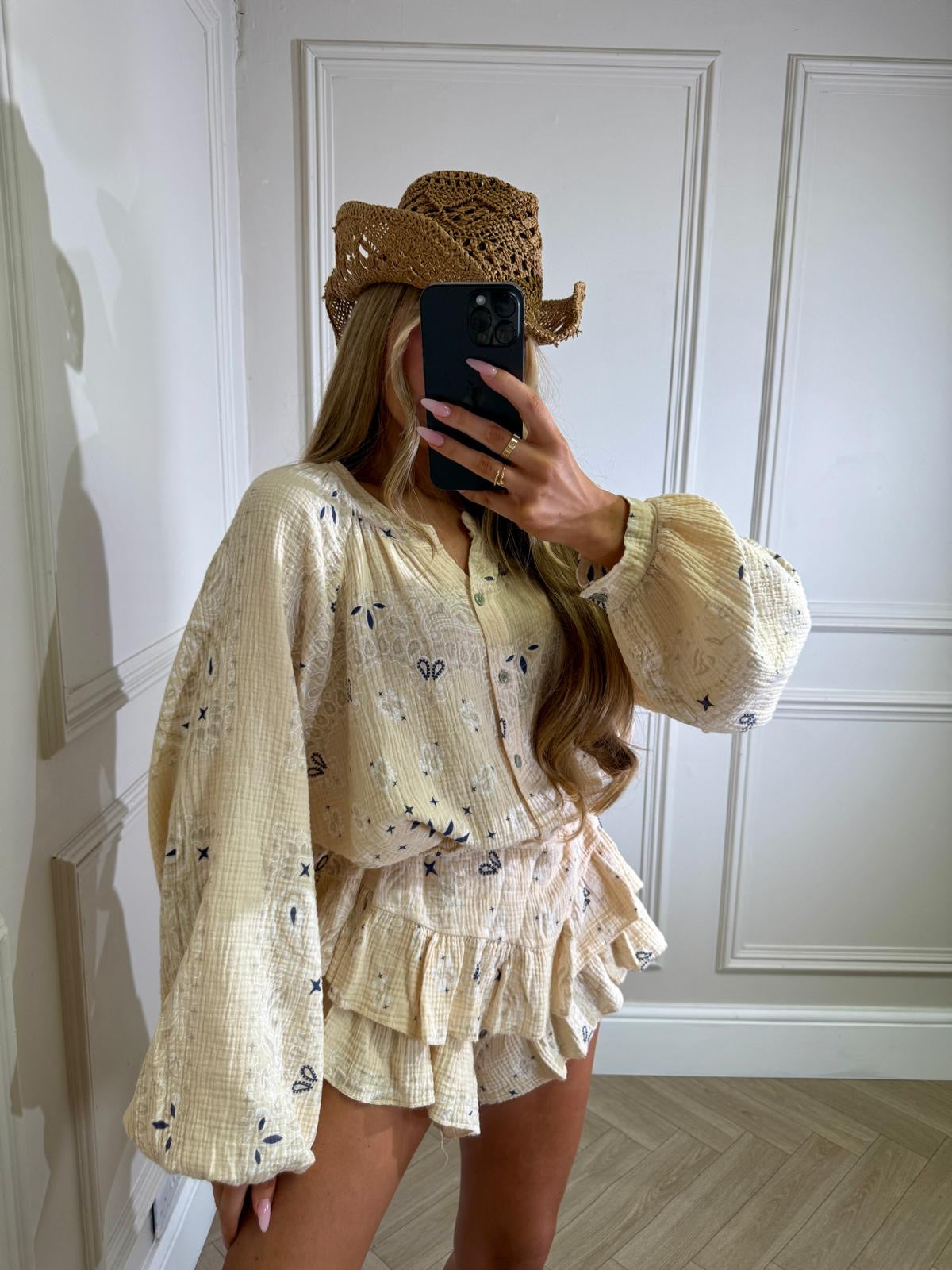 Grandad collar cheesecloth co-ord - Bandana beige