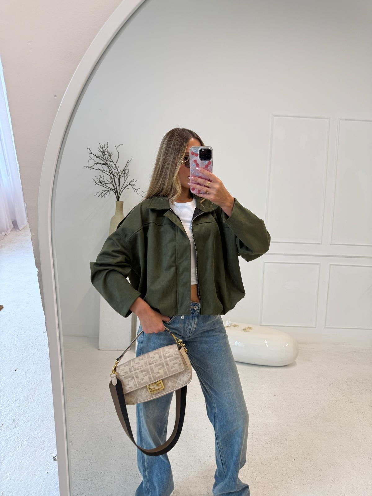 Suede zip jacket - khaki
