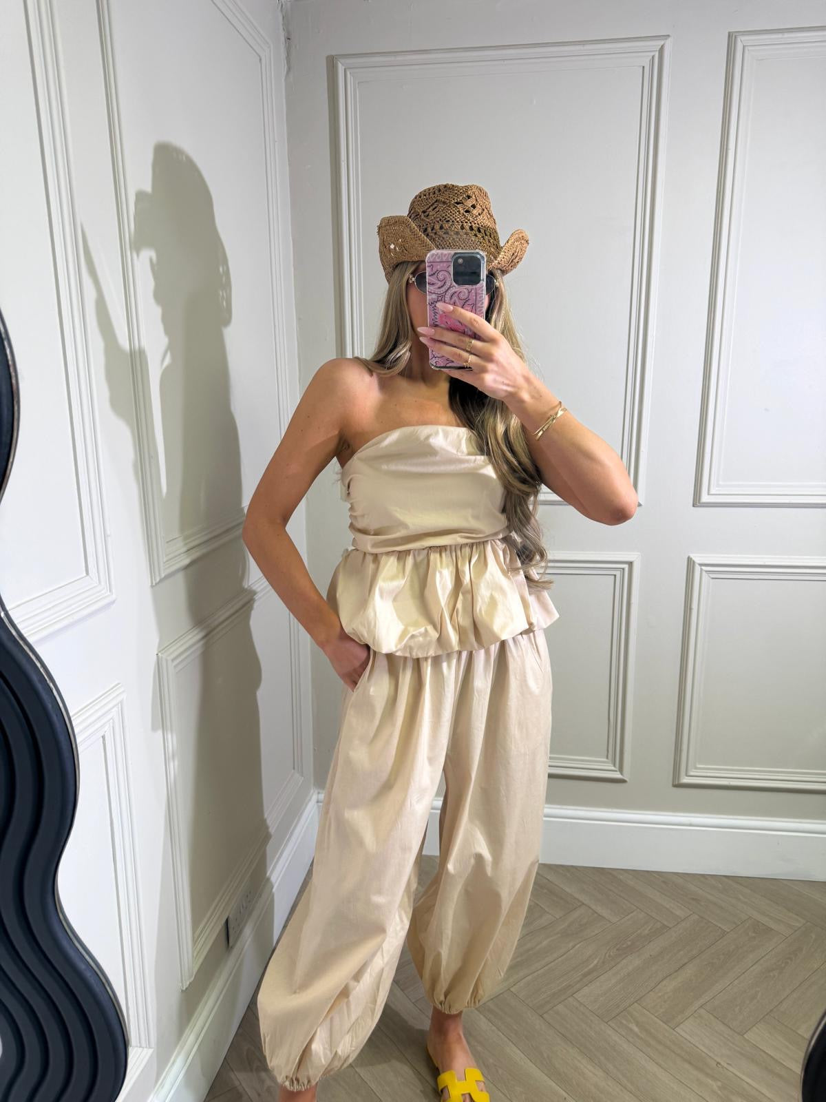 Peplum balloon trouser set - beige