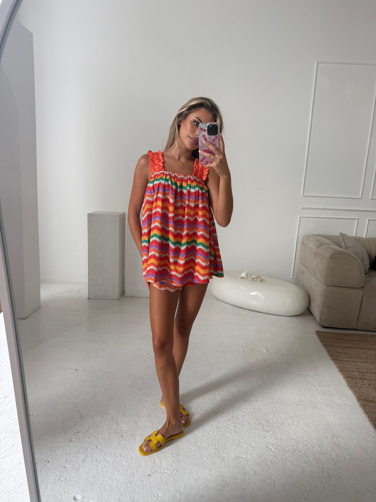 Ruffle arm zig print short set - orange