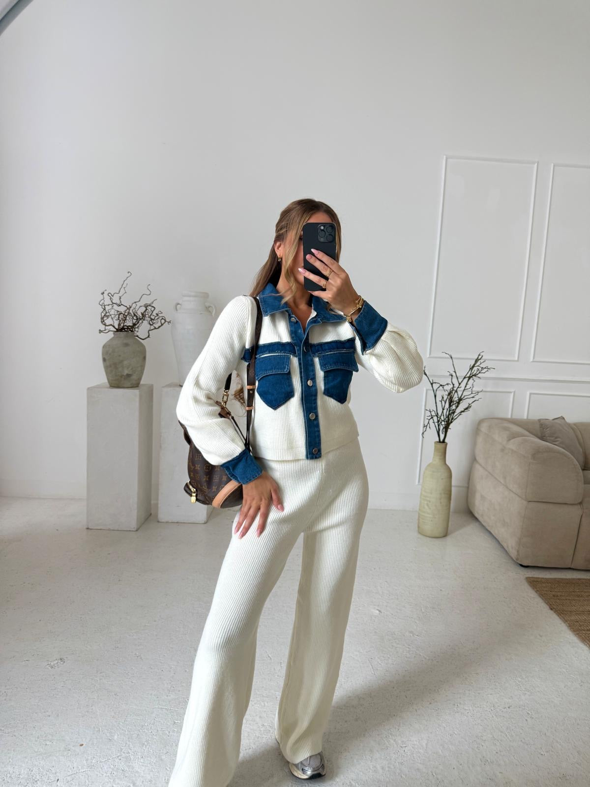 Collar Knit Denim Lounge Set - Cream