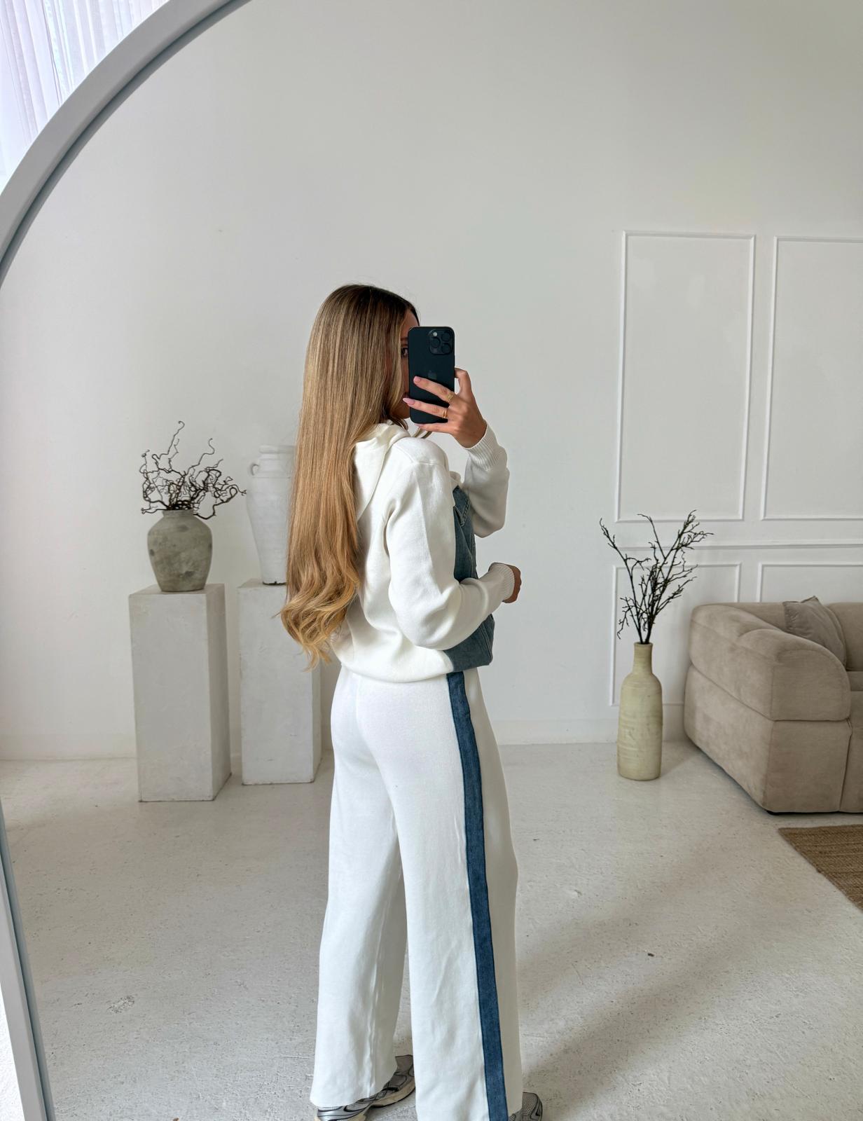 Hooded Knit Denim Tracksuit - Cream