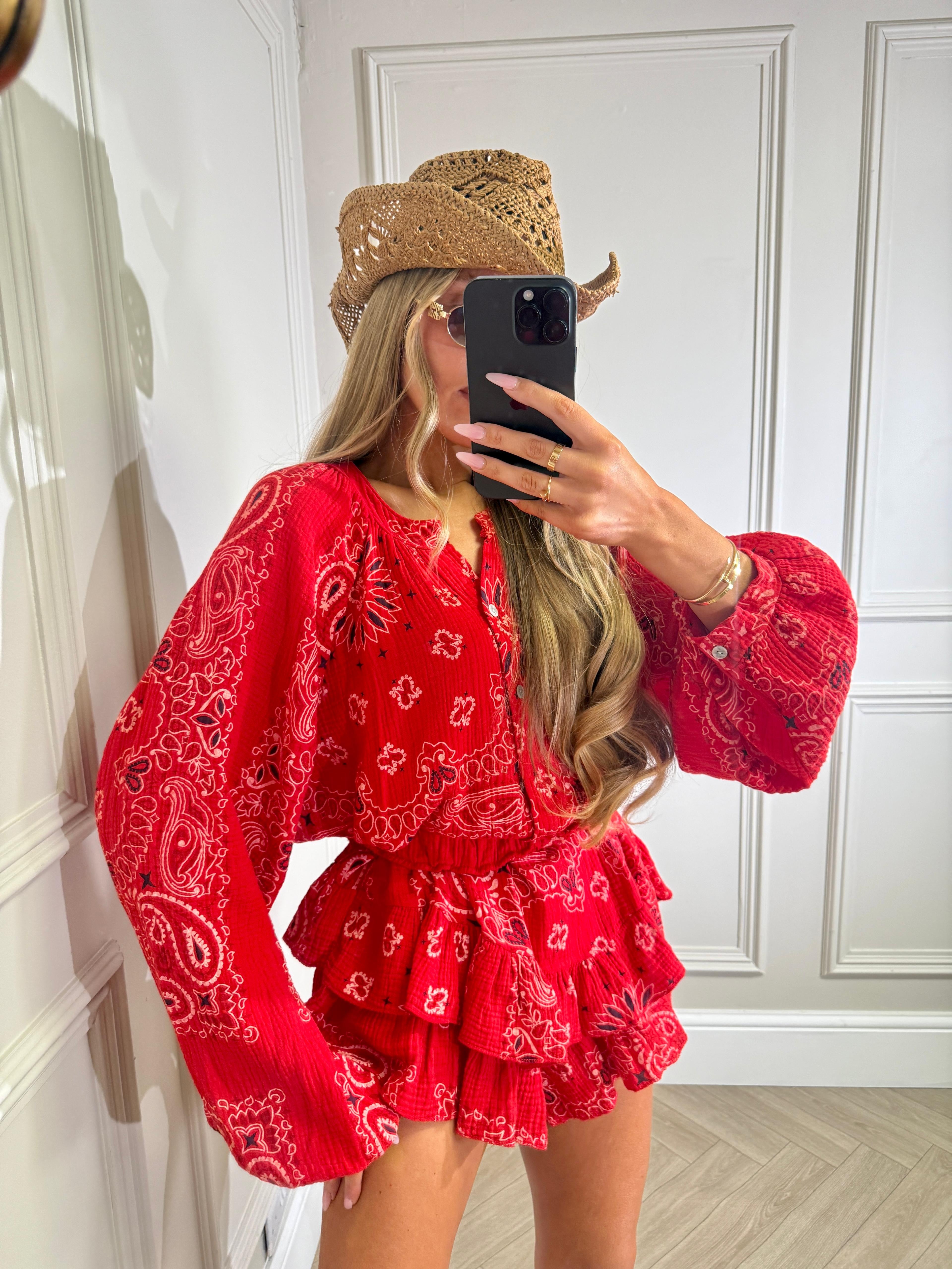 Grandad collar cheesecloth co-ord - Bandana red