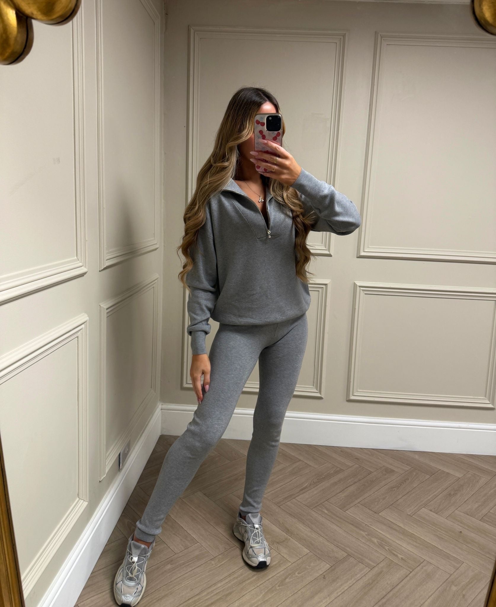 Quarter zip knit lounge set - grey