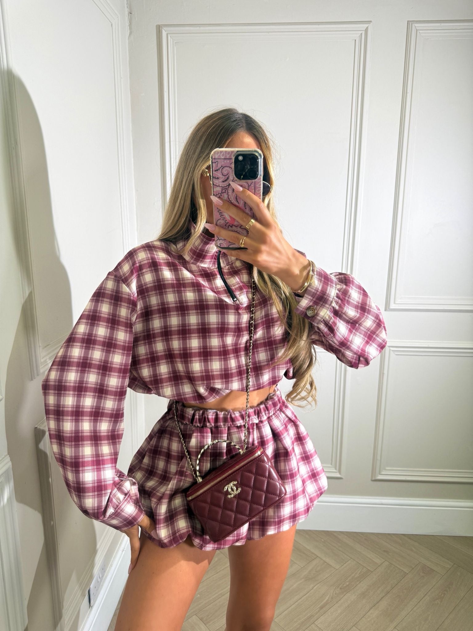 Check half zip co-ord - Burgundy