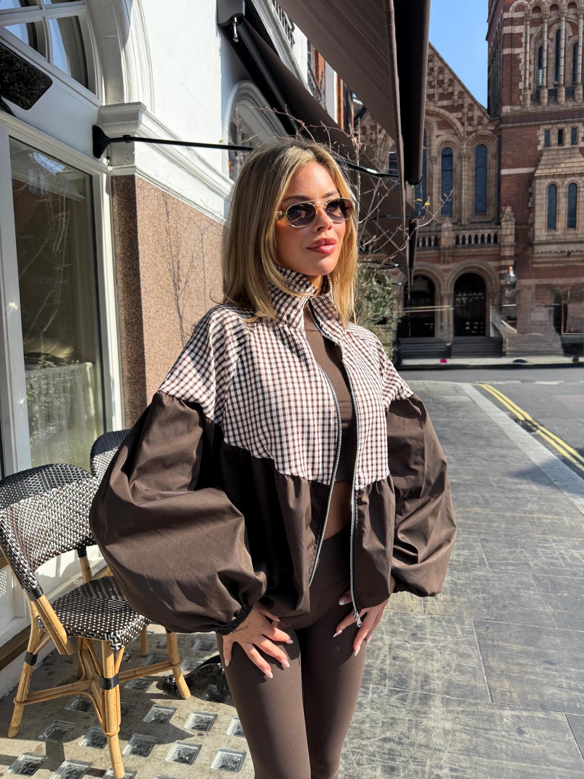 Puff arm gingham jacket - brown