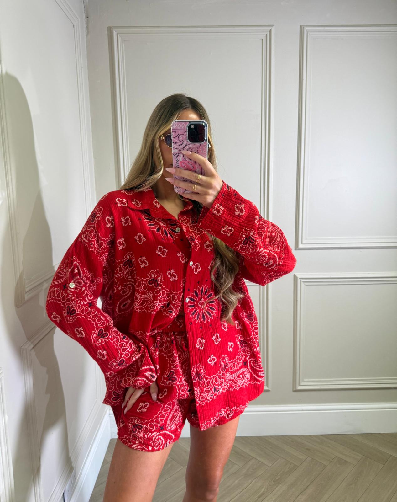 Bandana cheesecloth short co-ord - red