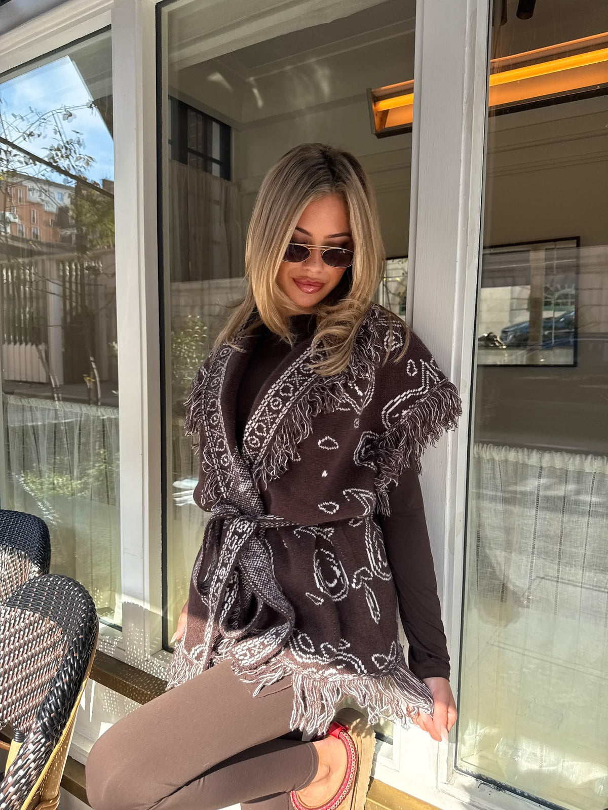 Bandana knit fringe cardigan - brown