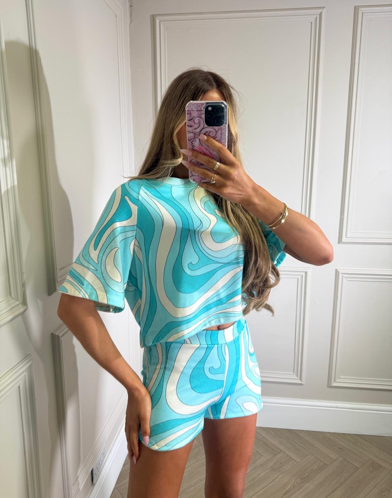 Towelling pattern short set - blue