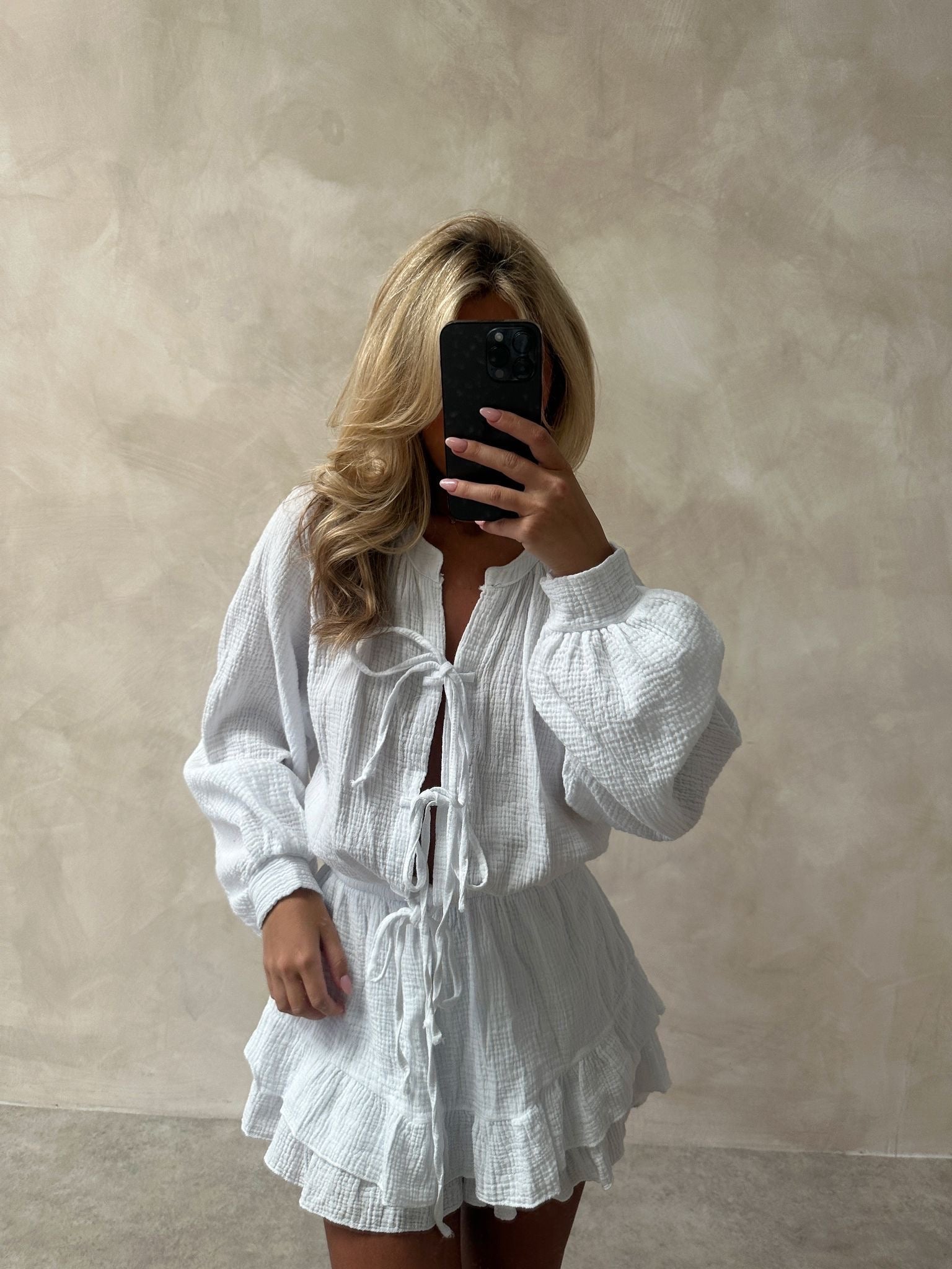 Tie cheesecloth playsuit - white