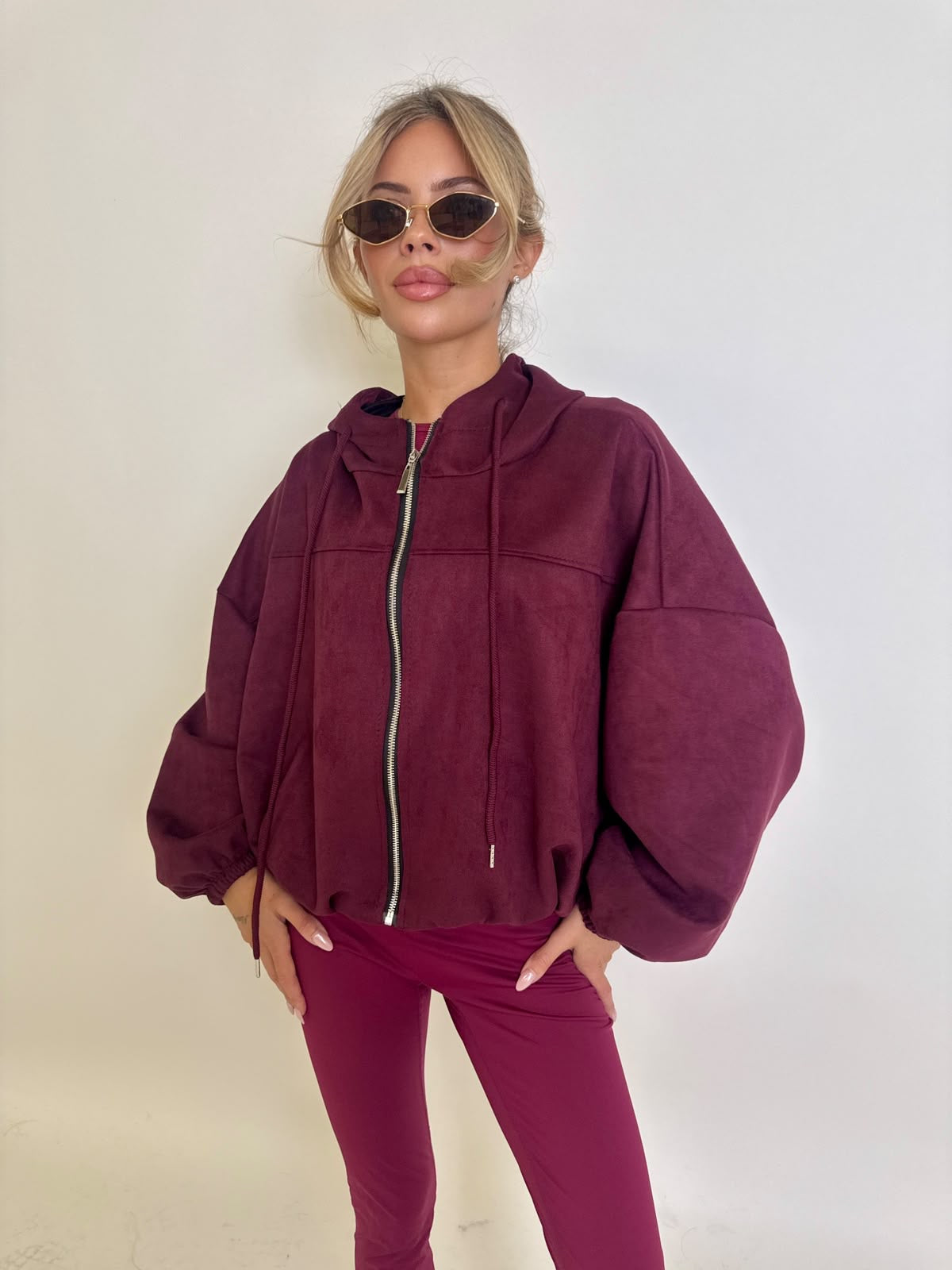 Suede hood bomber jacket - wine