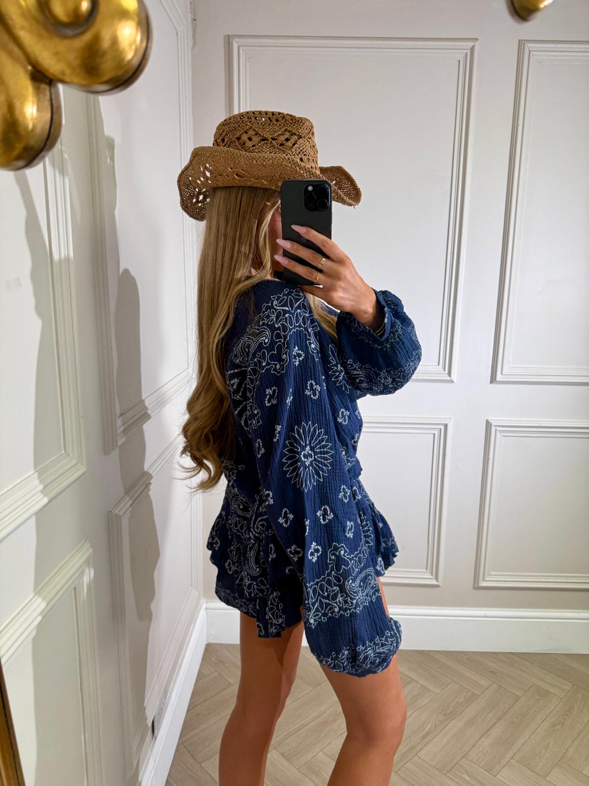 Grandad collar cheesecloth co-ord - Bandana navy