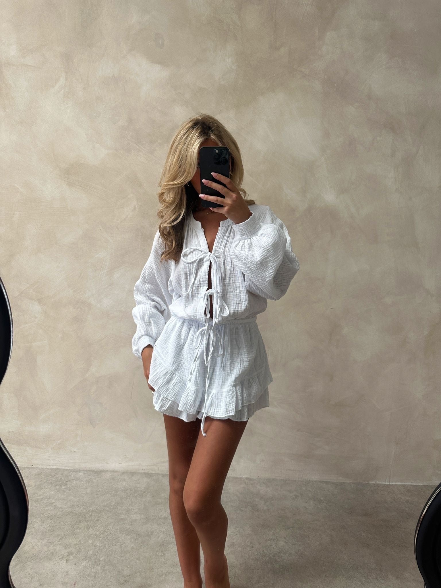Tie cheesecloth playsuit - white