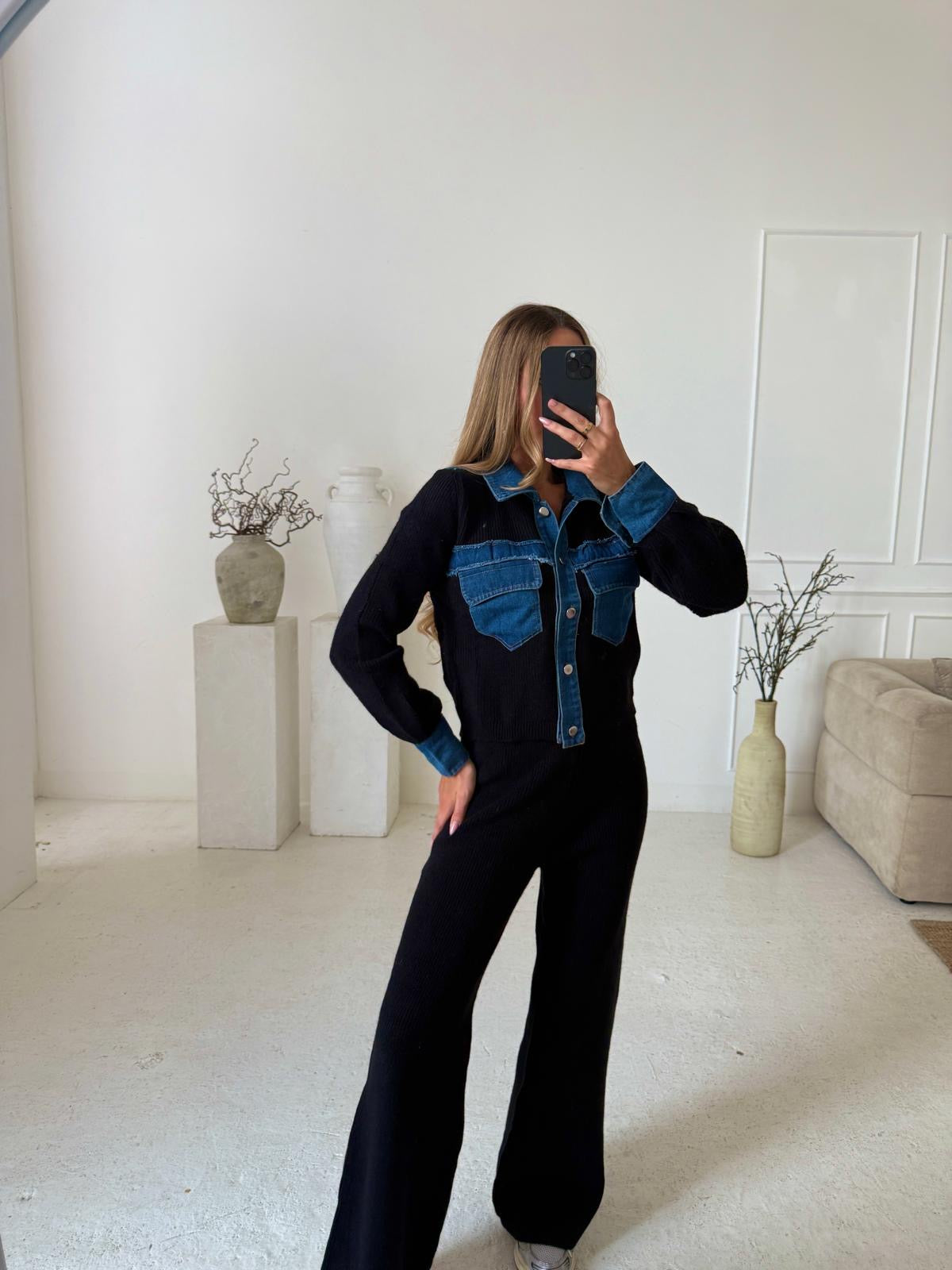 Collar Knit Denim Lounge Set - Black