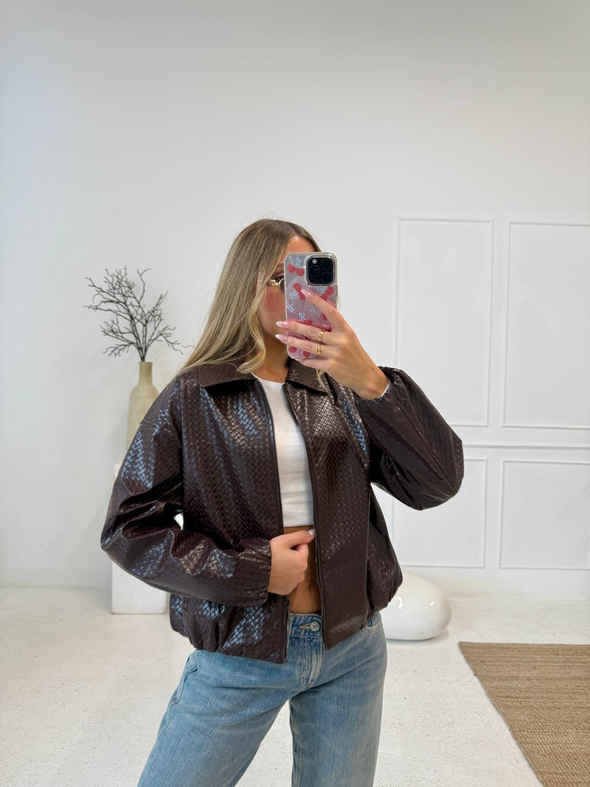 Faux leather texture collar jacket