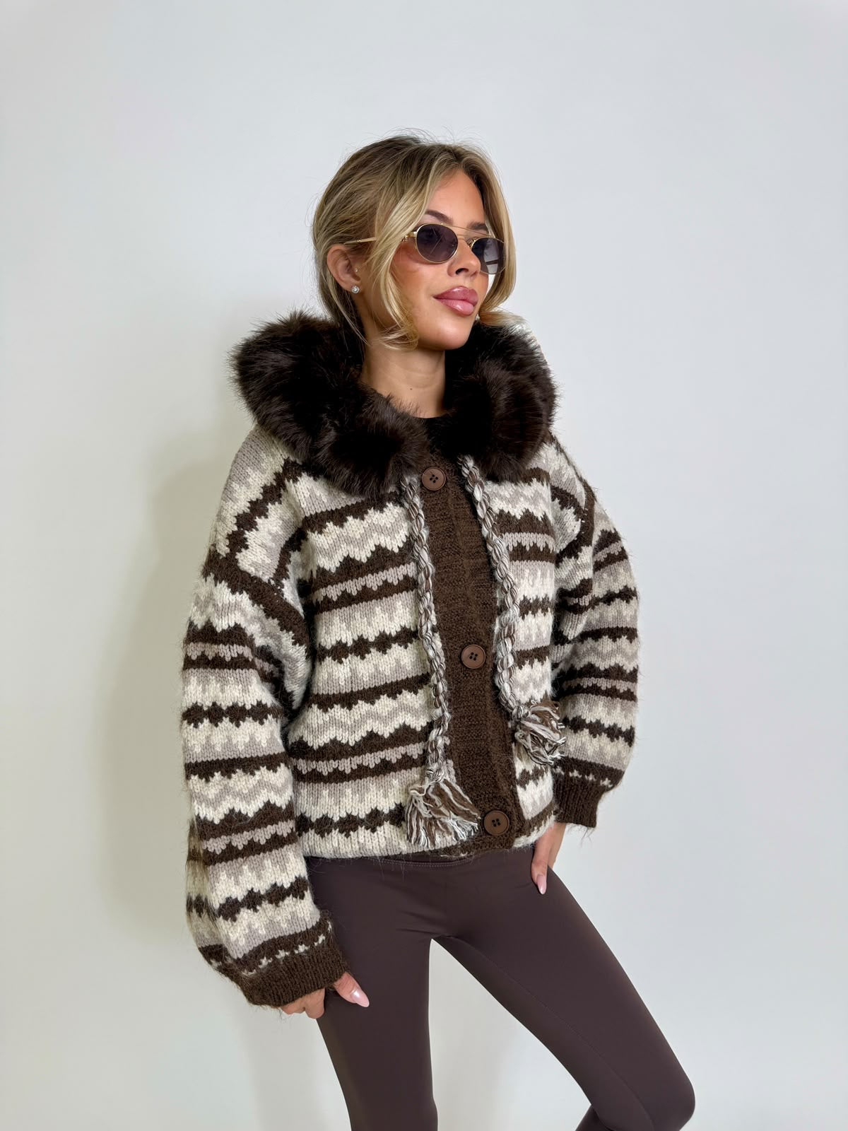 Aztec faux fur cardigan - brown