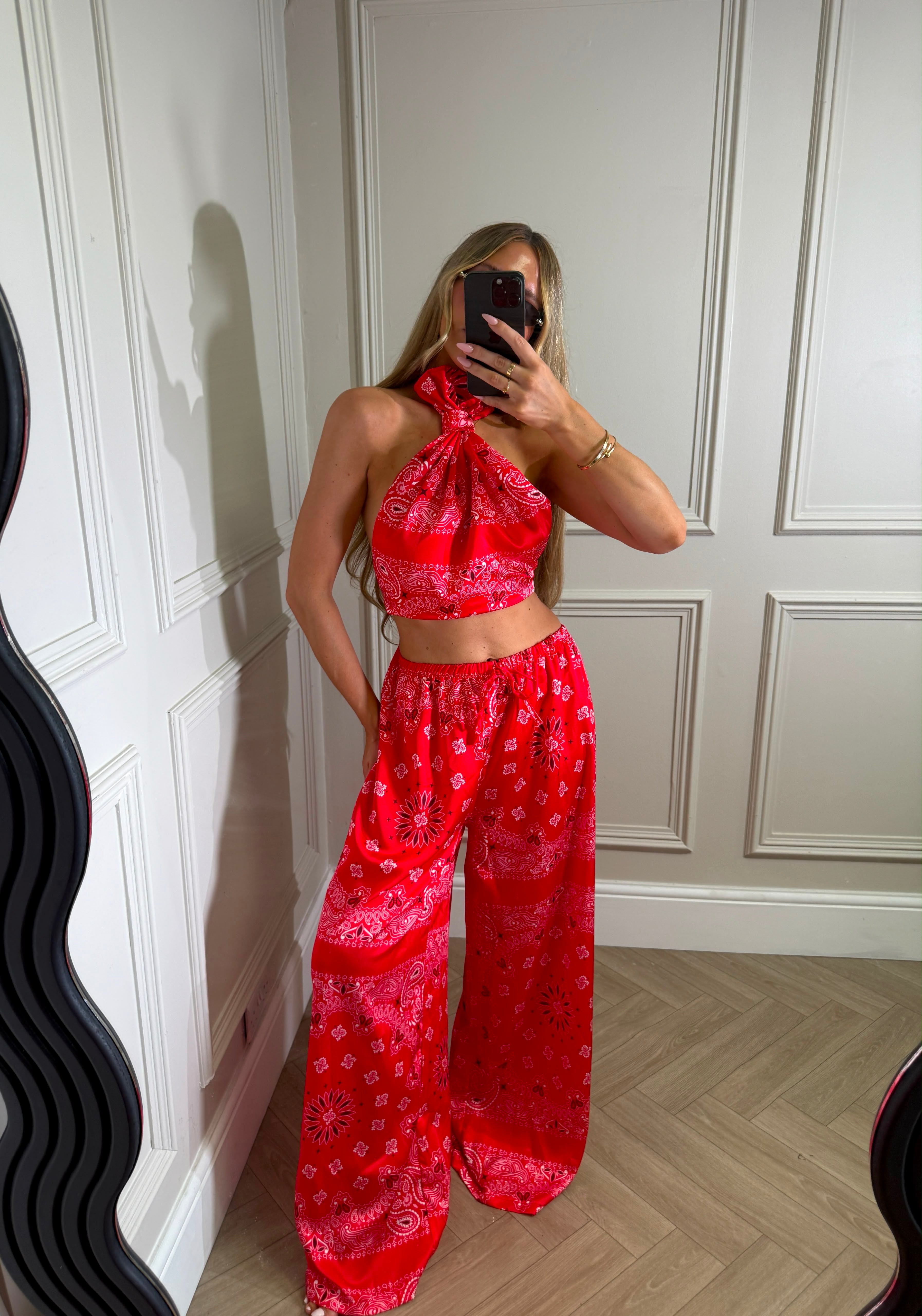 Bandana halter neck trouser set - red