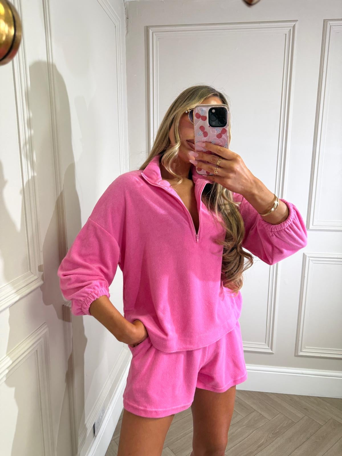 Towelling quarter zip set - pink