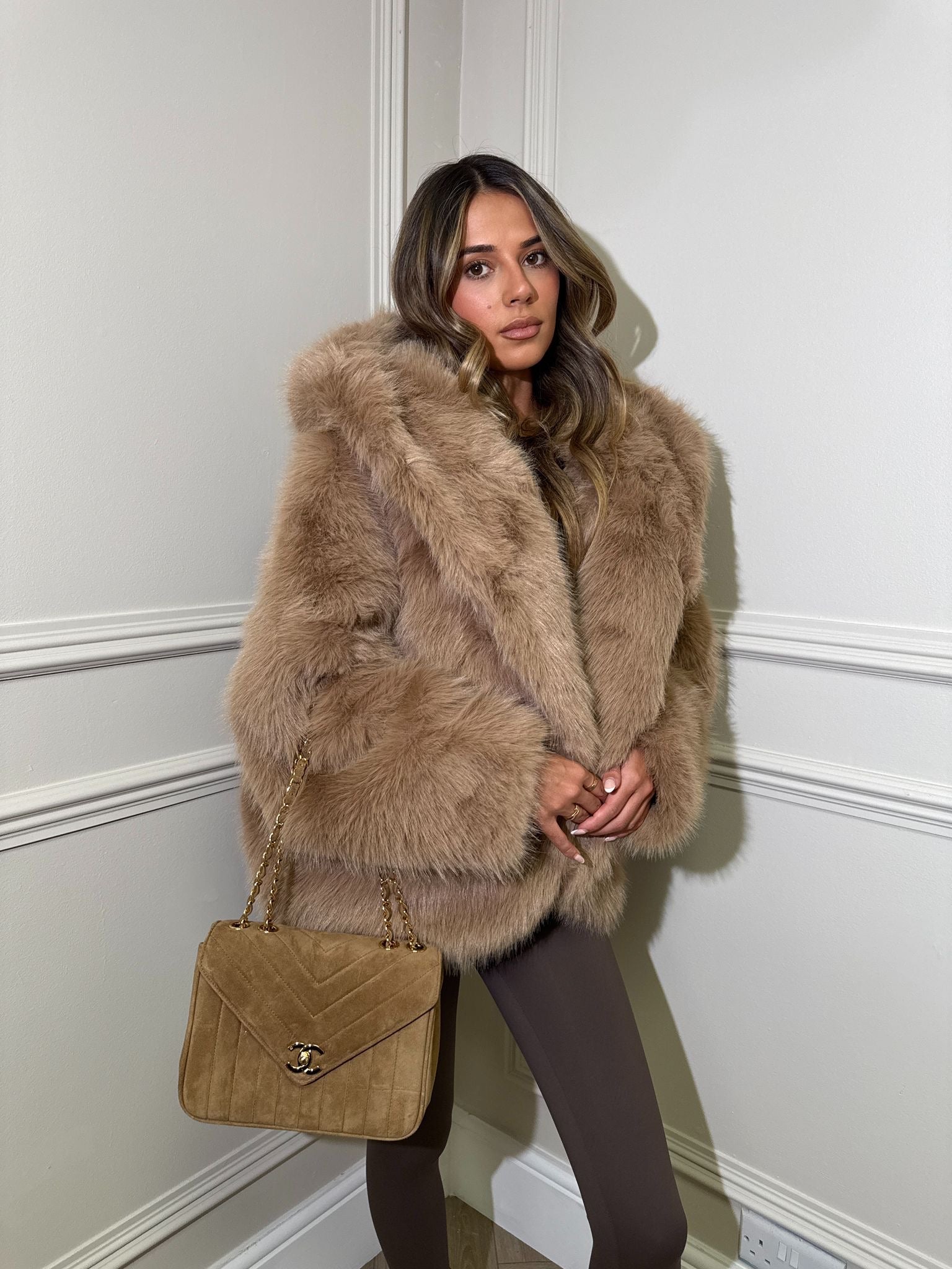Hood Faux Fur Coat - camel