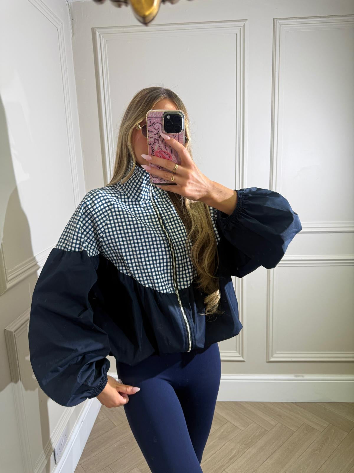 Puff arm gingham jacket - navy