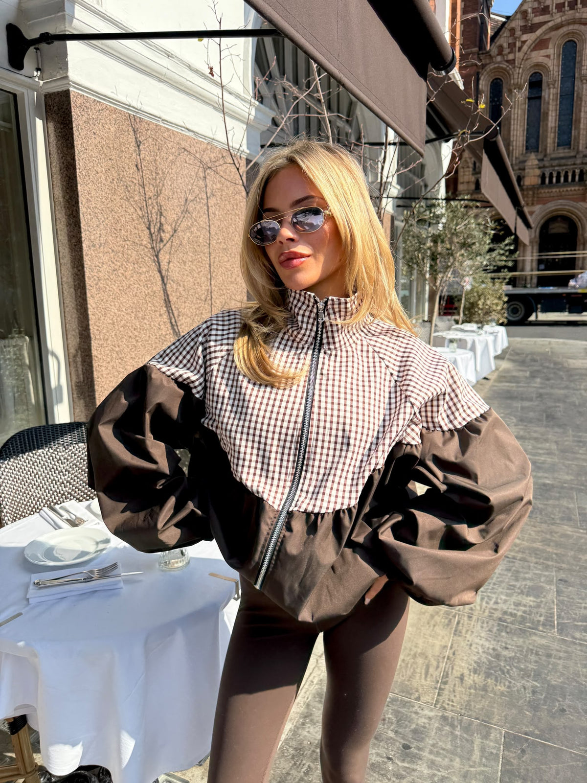 Puff arm gingham jacket - brown